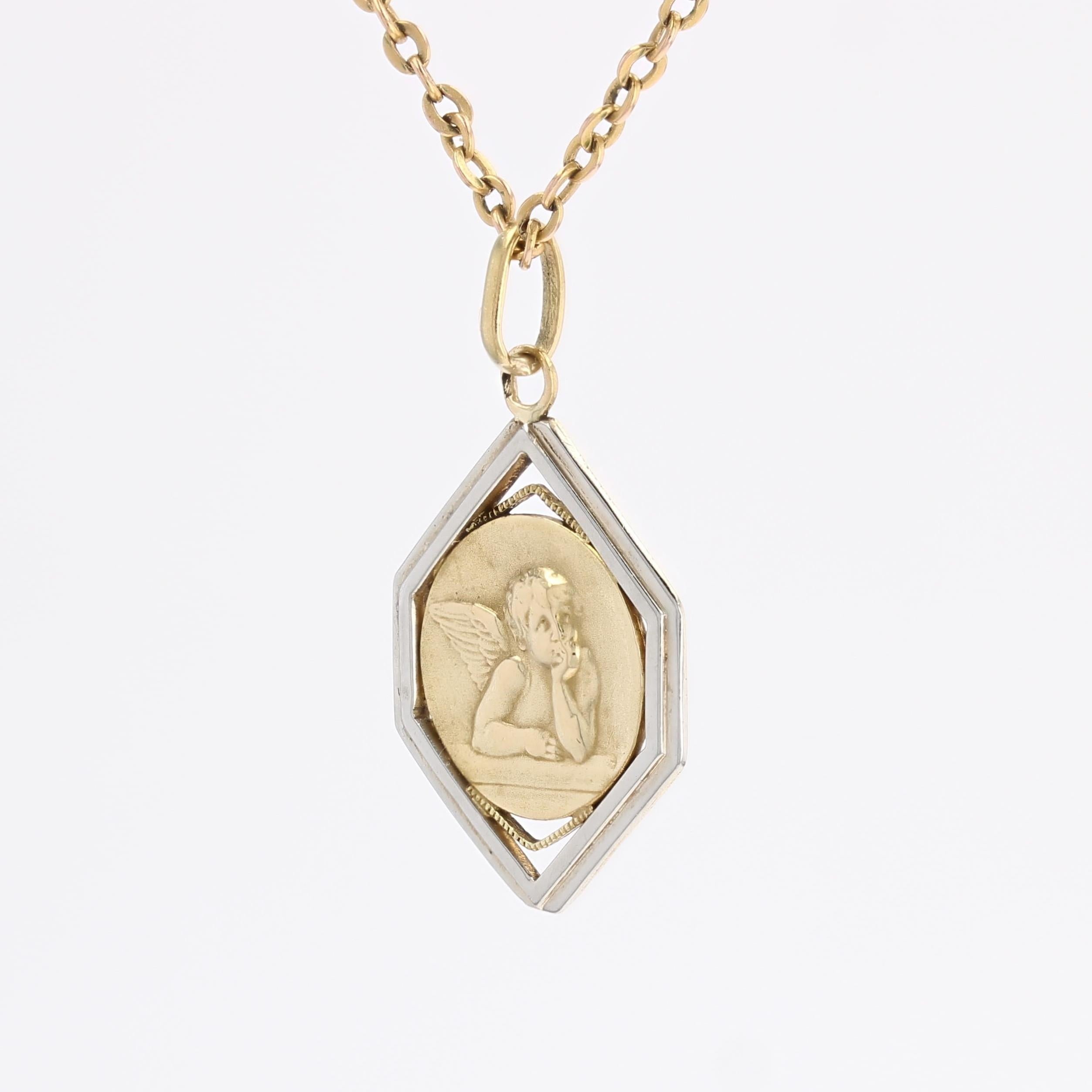 Women's French 1930s Art Deco 18 Karat Yellow White Gold Cherub Medal Pendant For Sale