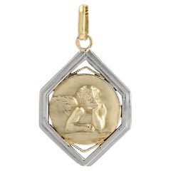 French 1930s Art Deco 18 Karat Yellow White Gold Cherub Medal Pendant