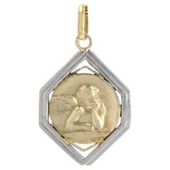 French 1930s Art Deco 18 Karat Yellow White Gold Cherub Medal Pendant