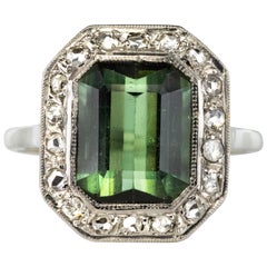 French 1930s Art Deco 3.30 Carat Tourmaline Diamonds 18 Karat White Gold Ring