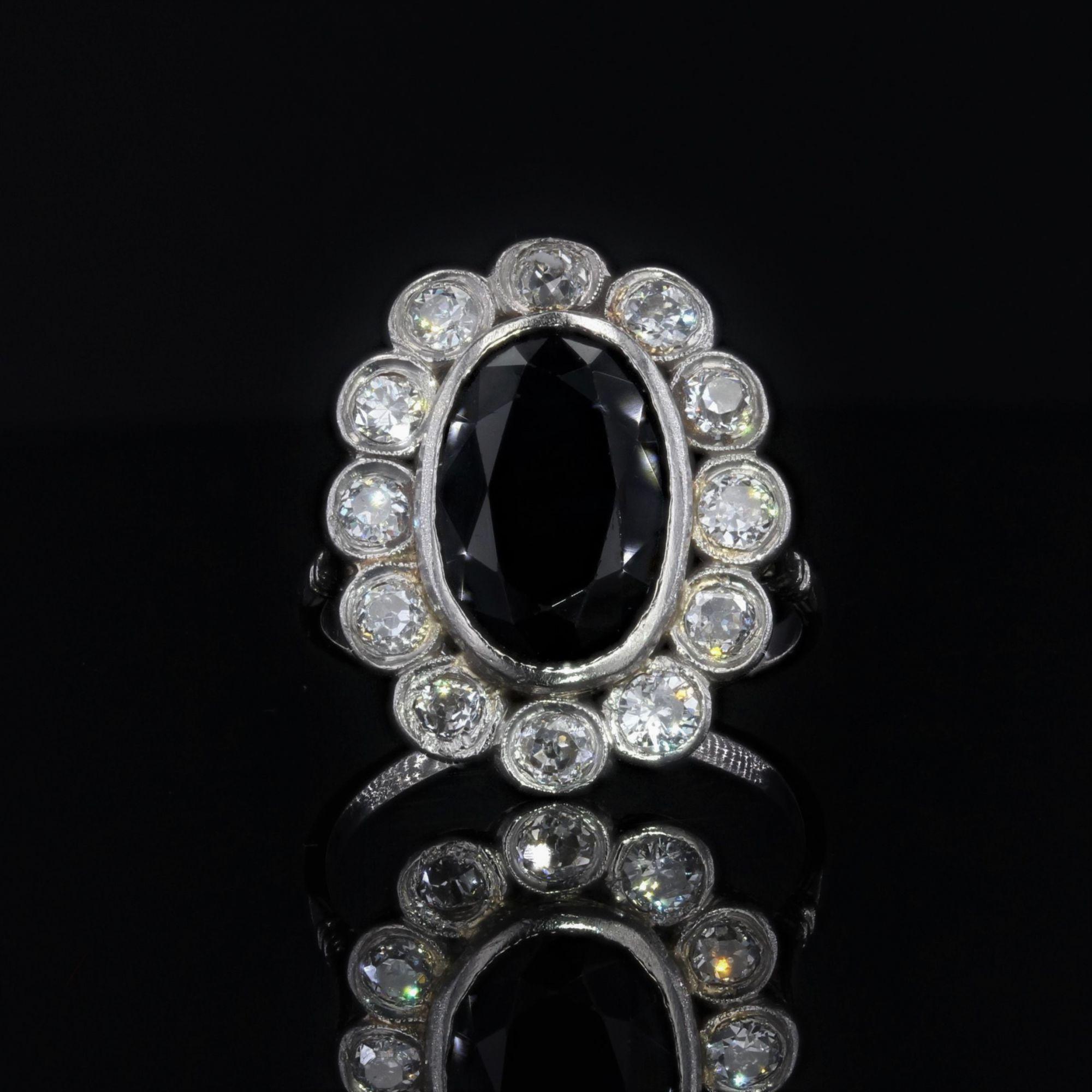 Oval Cut French 1930s Art Deco 3.80 Carat Sapphire Diamonds Platinum Pompadour Ring