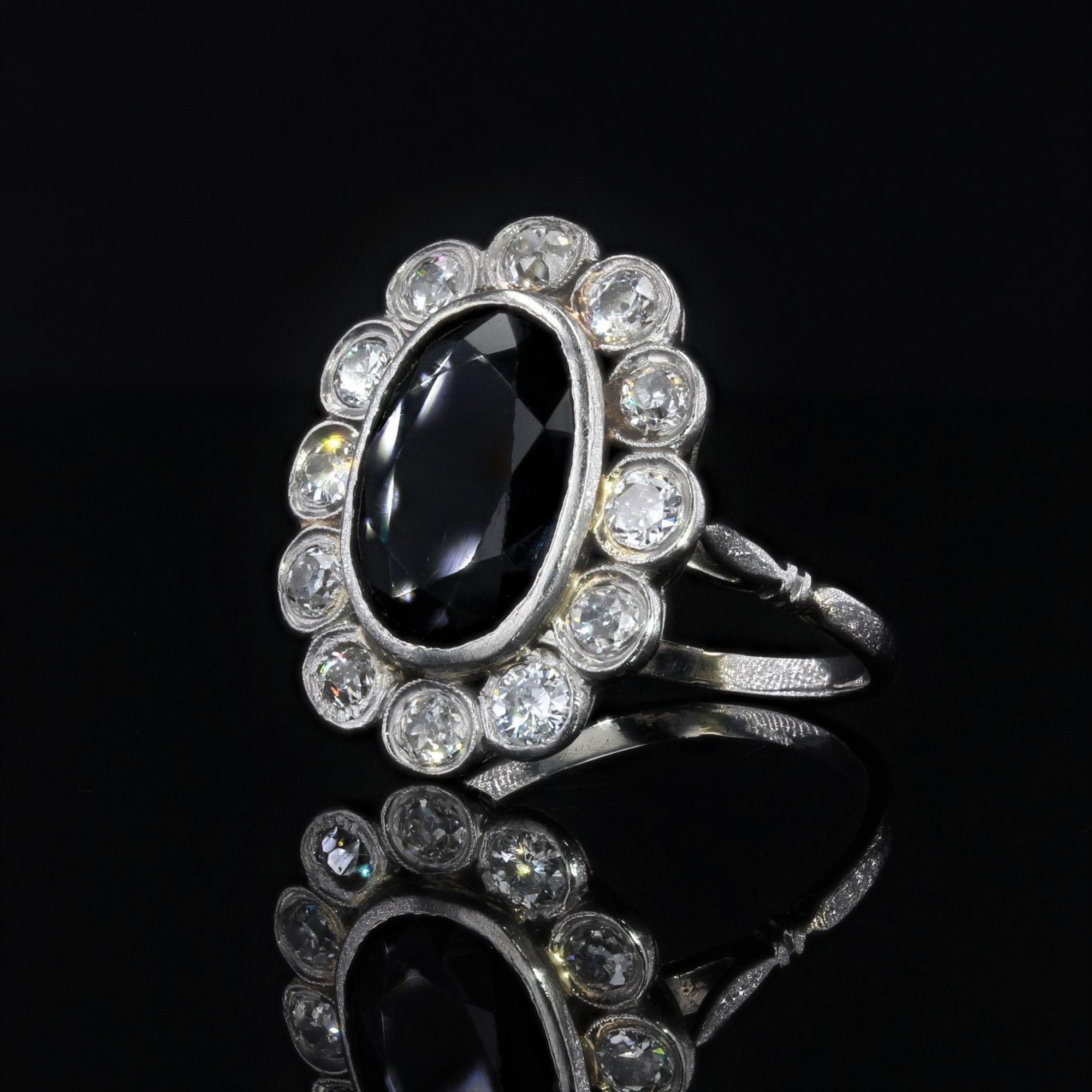 French 1930s Art Deco 3.80 Carat Sapphire Diamonds Platinum Pompadour Ring In Good Condition In Poitiers, FR