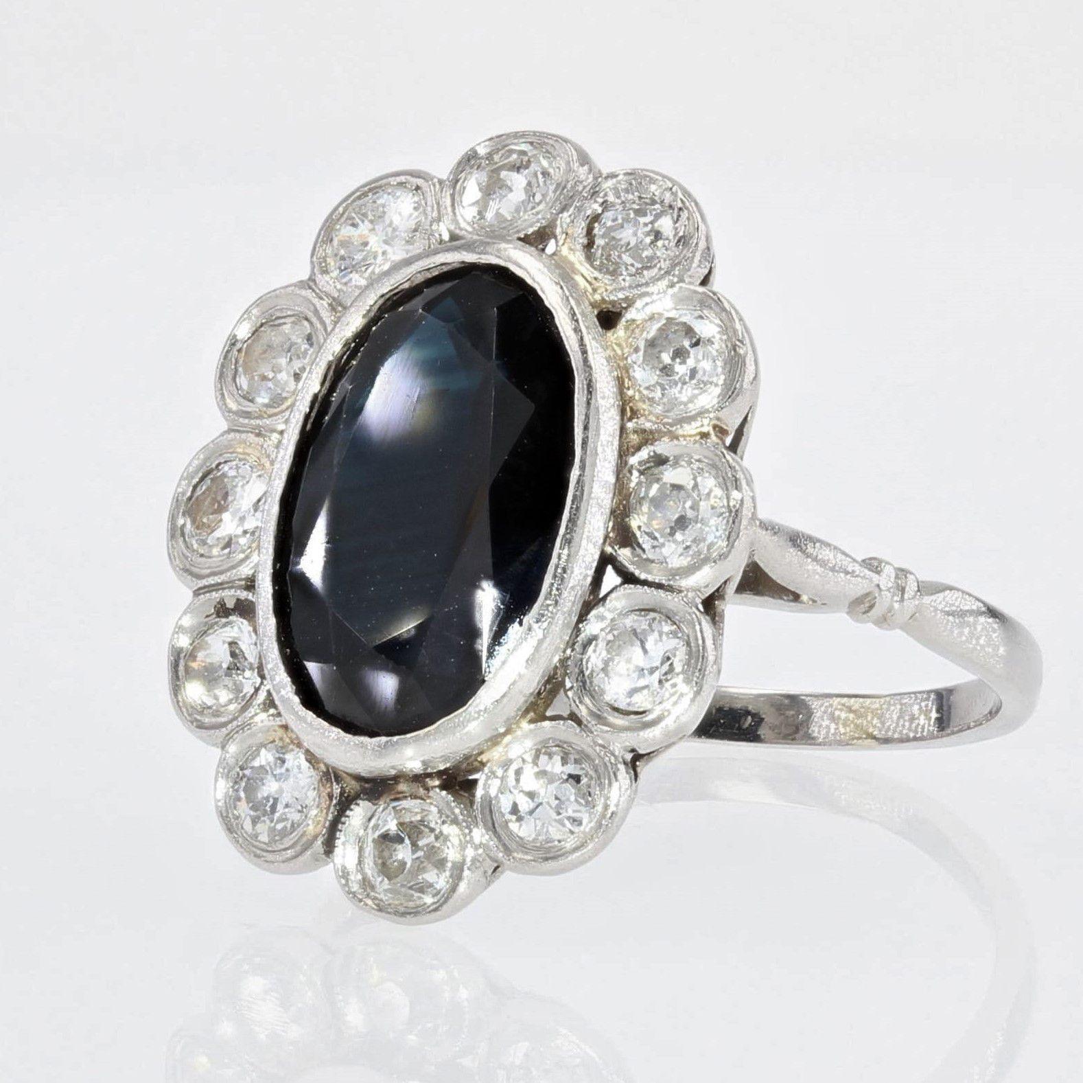 French 1930s Art Deco 3.80 Carat Sapphire Diamonds Platinum Pompadour Ring 1