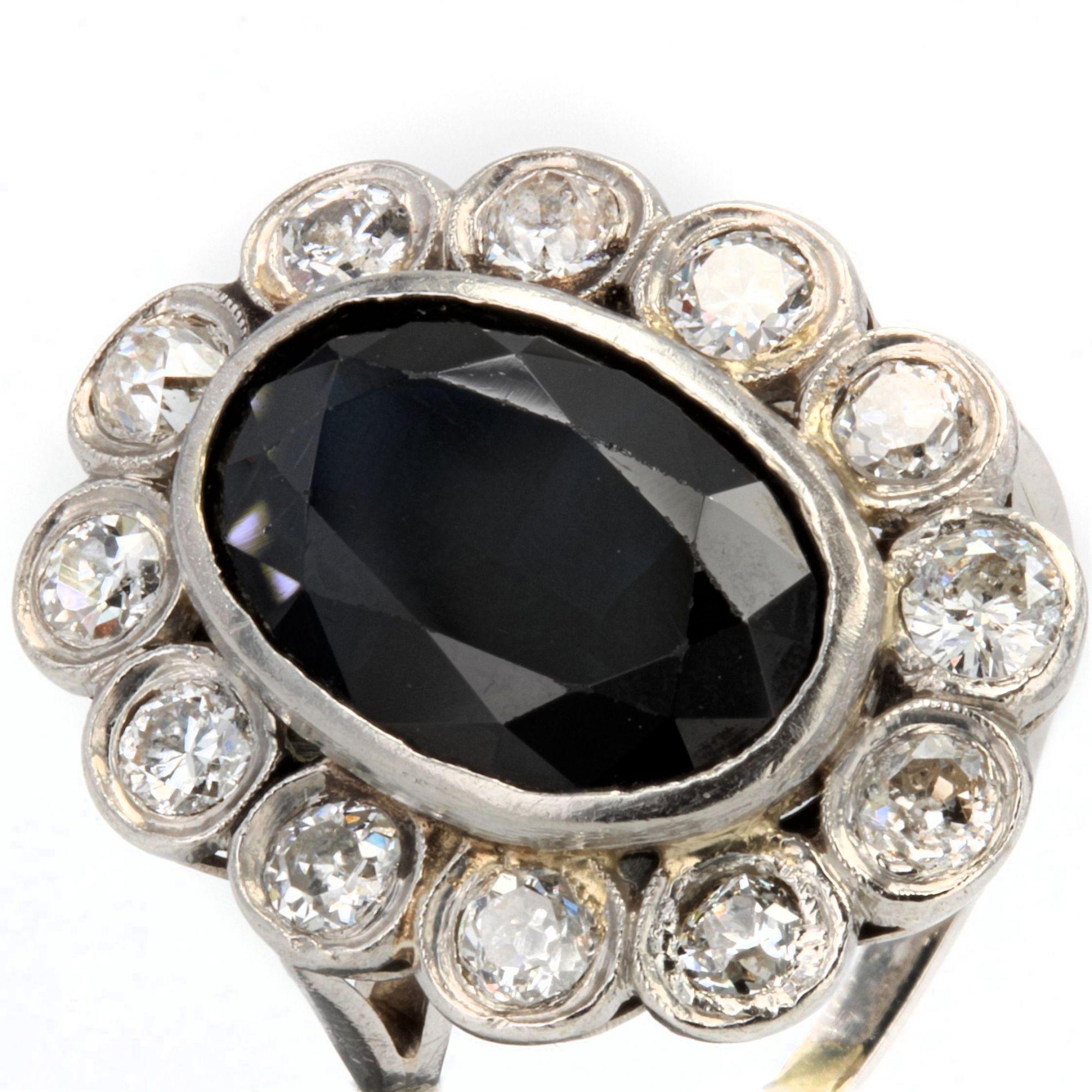 French 1930s Art Deco 3.80 Carat Sapphire Diamonds Platinum Pompadour Ring 2