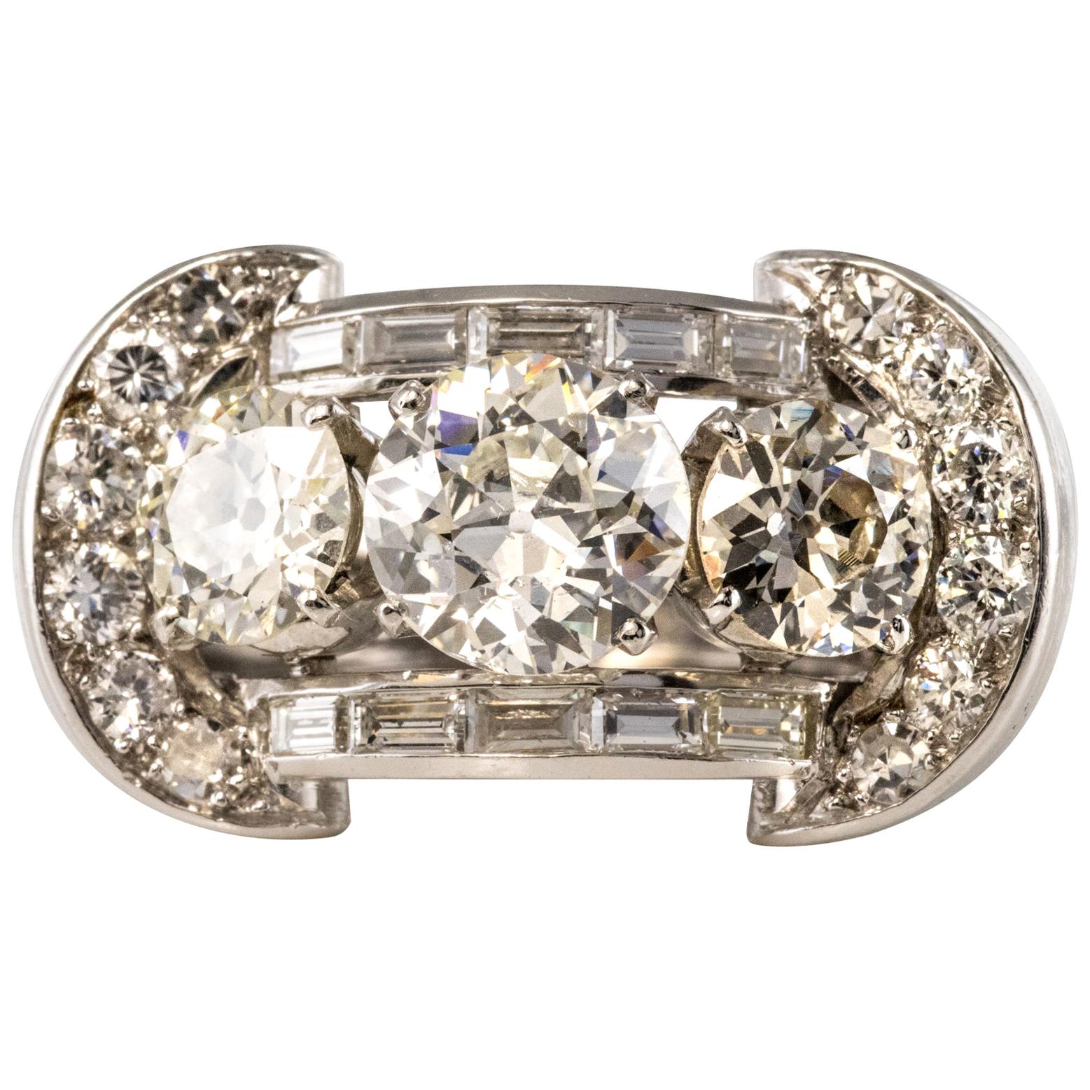 French 1930s Art Deco 5.10 Carat 18 Karat Diamond White Gold Platinum Ring