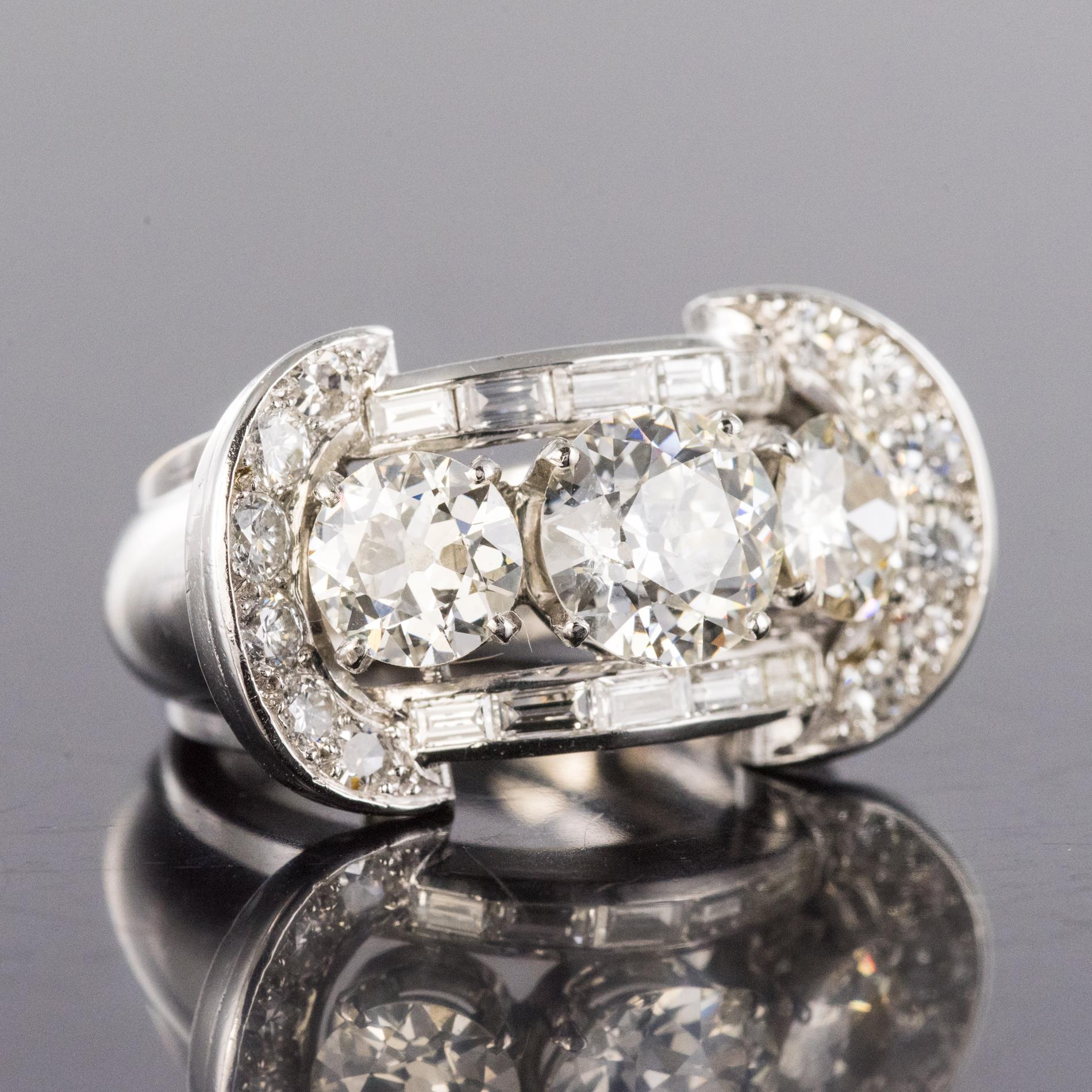 Art Deco French 1950s Gaucherand 5.10 Carat Diamond Gold Platinum Ring For Sale