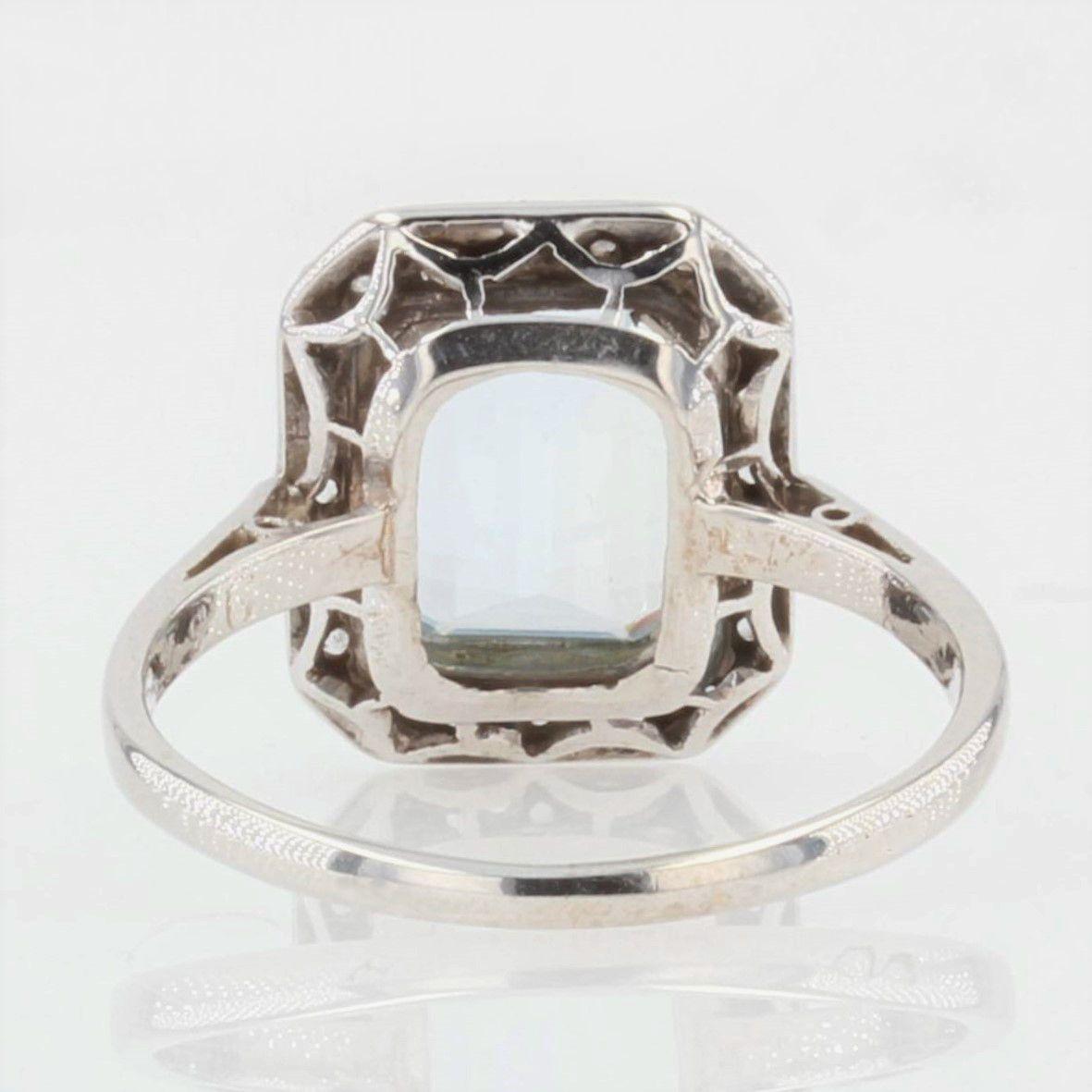 French 1930s Art Deco Aquamarine Diamonds 18 Karat White Gold Ring 5