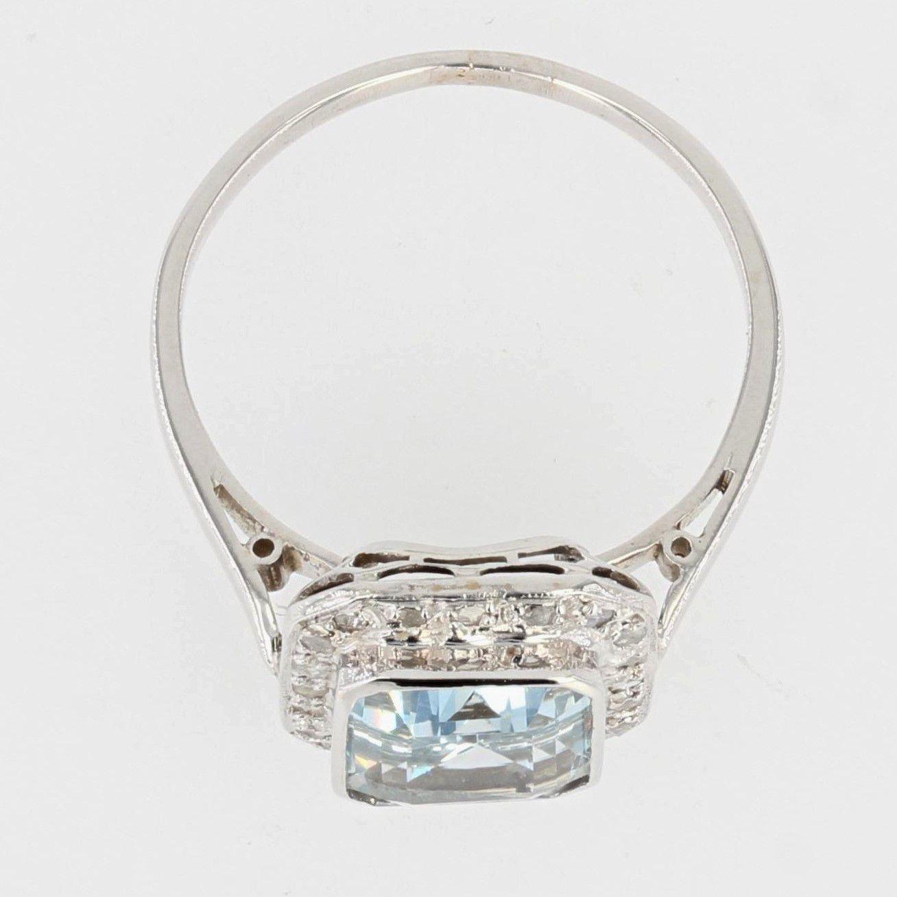 French 1930s Art Deco Aquamarine Diamonds 18 Karat White Gold Ring 6