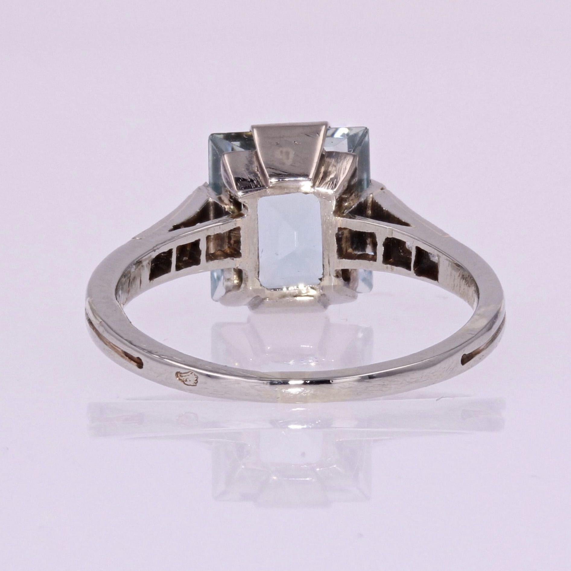 French 1930s Art Deco Aquamarine Diamonds 18 Karat White Gold Ring 7