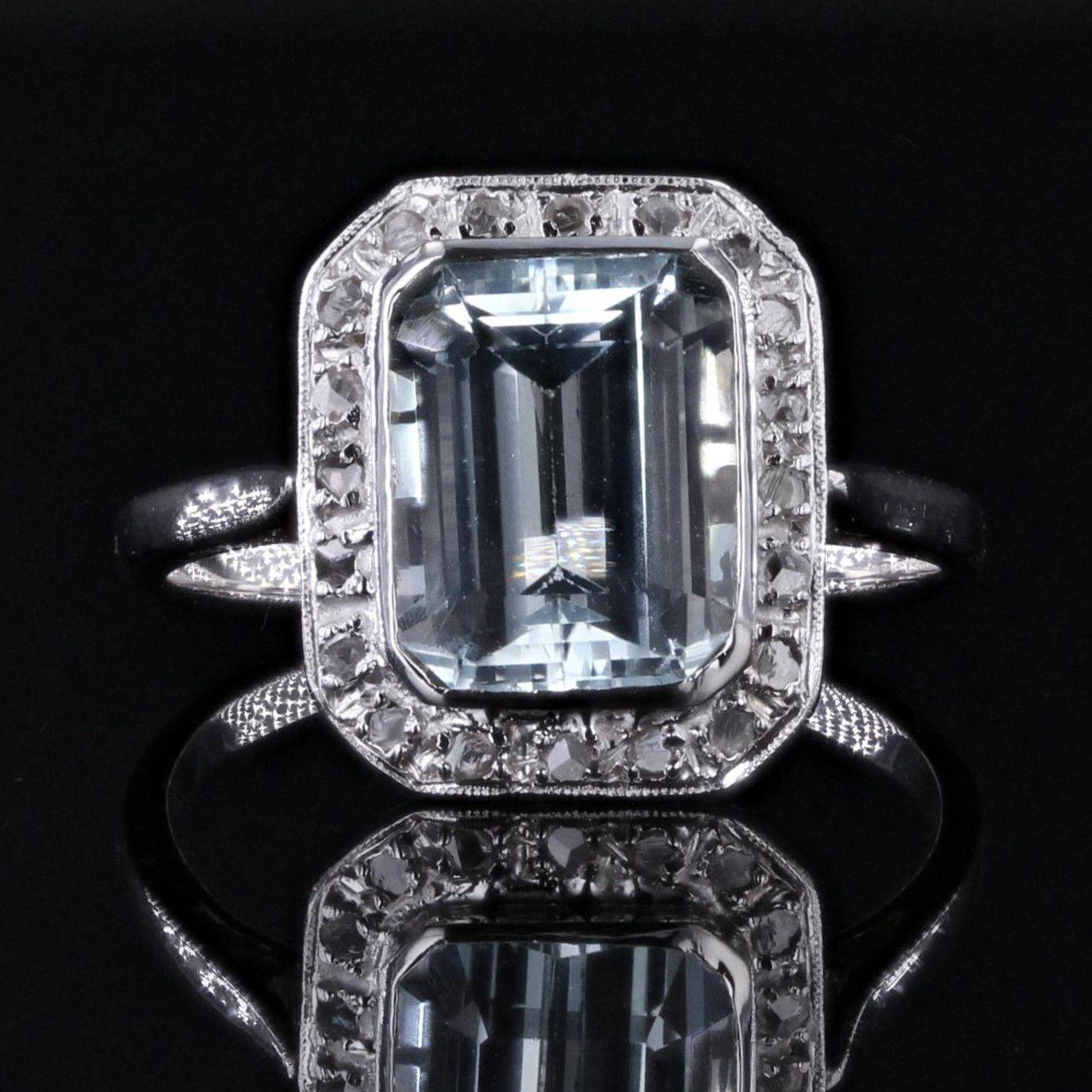Emerald Cut French 1930s Art Deco Aquamarine Diamonds 18 Karat White Gold Ring