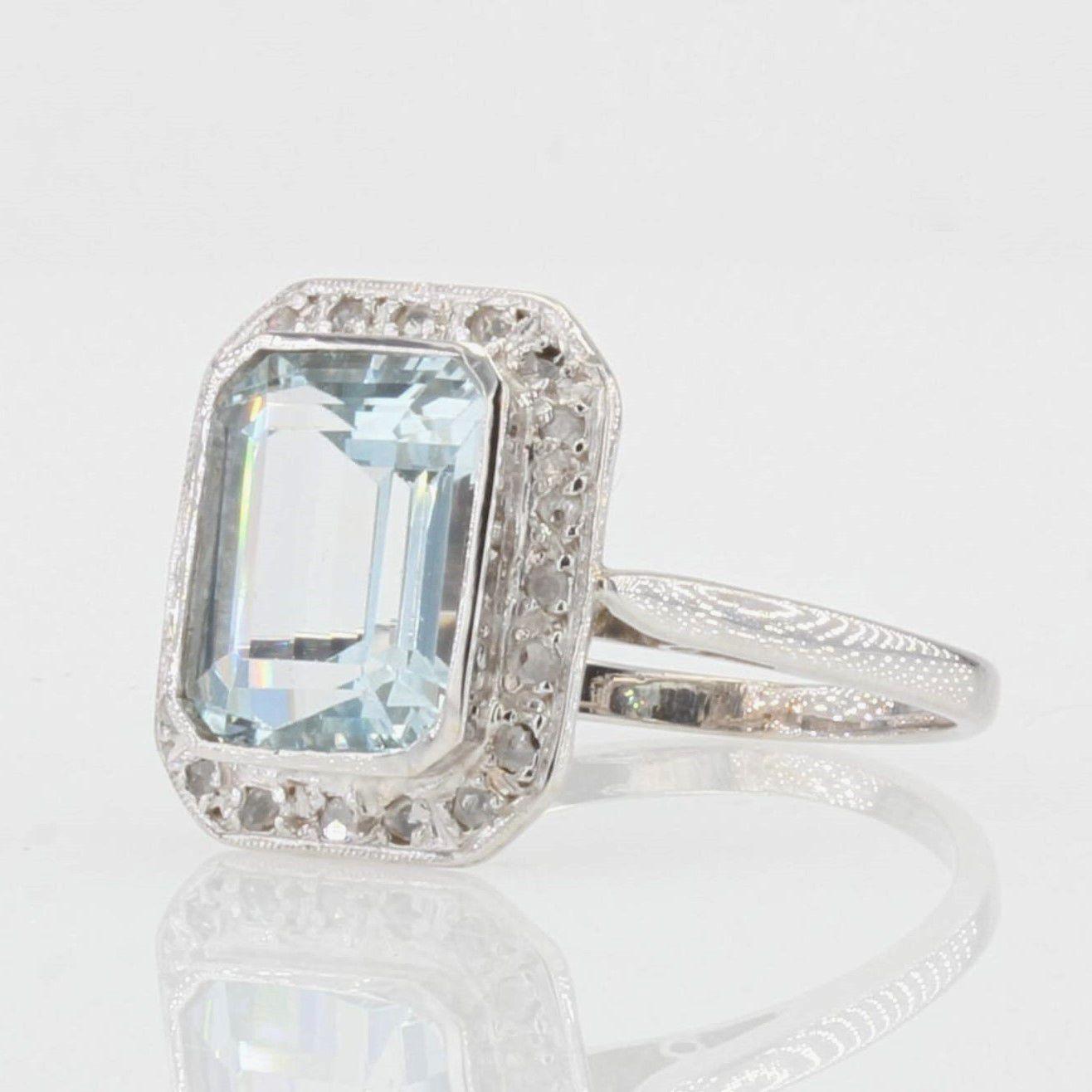 French 1930s Art Deco Aquamarine Diamonds 18 Karat White Gold Ring 1