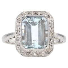 Used French 1930s Art Deco Aquamarine Diamonds 18 Karat White Gold Ring
