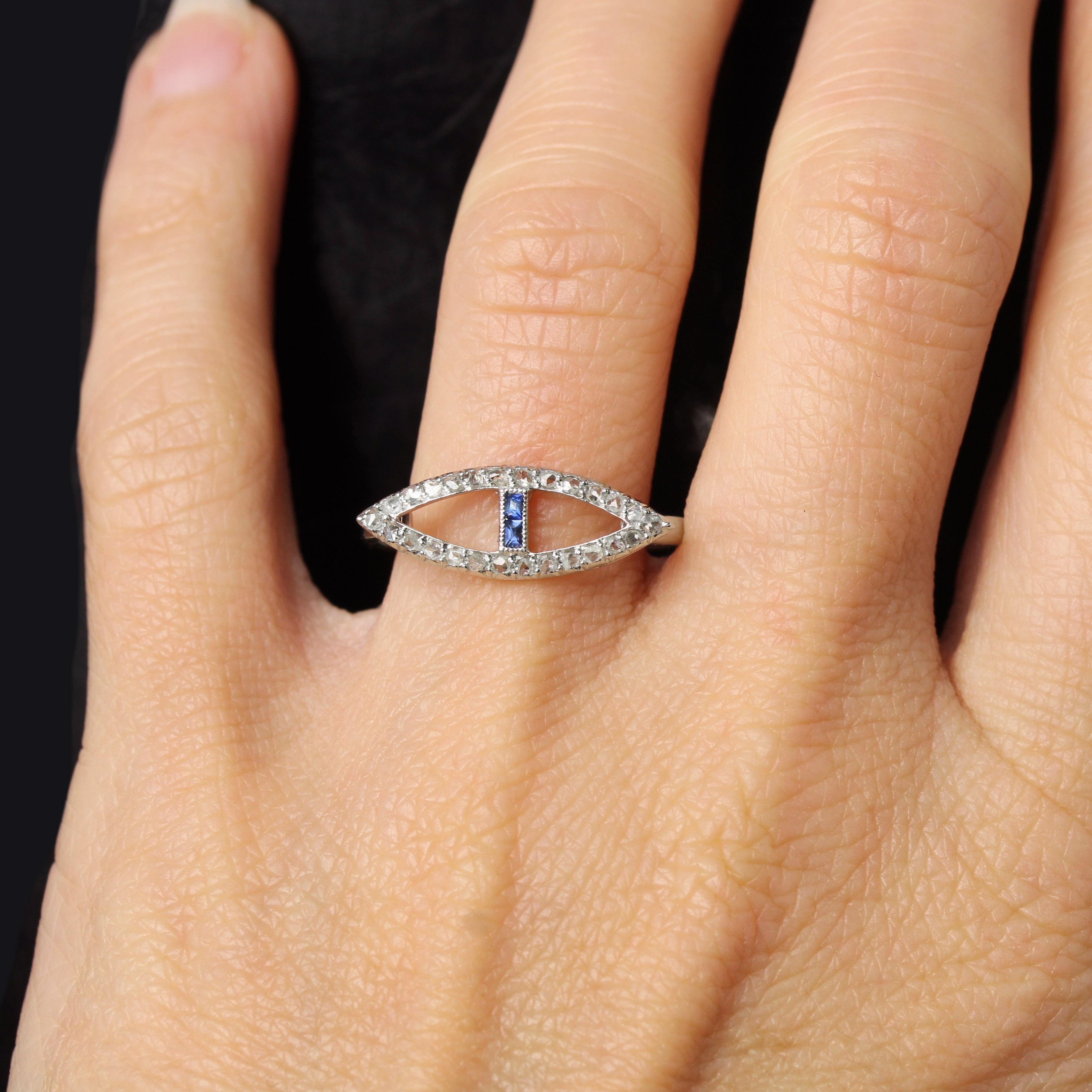 French 1930s Art Deco Blue Gems Diamonds 18 Karat White Gold Navette Ring For Sale 7