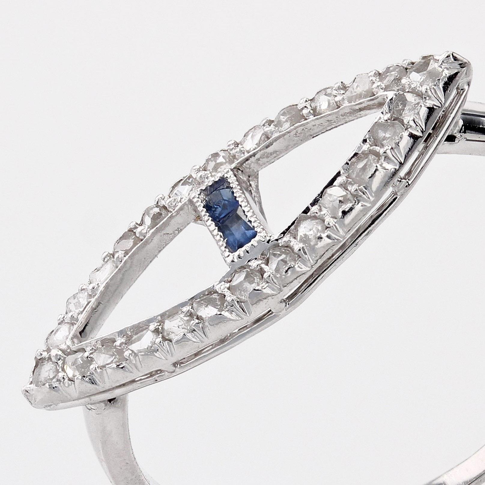 French 1930s Art Deco Blue Gems Diamonds 18 Karat White Gold Navette Ring For Sale 8