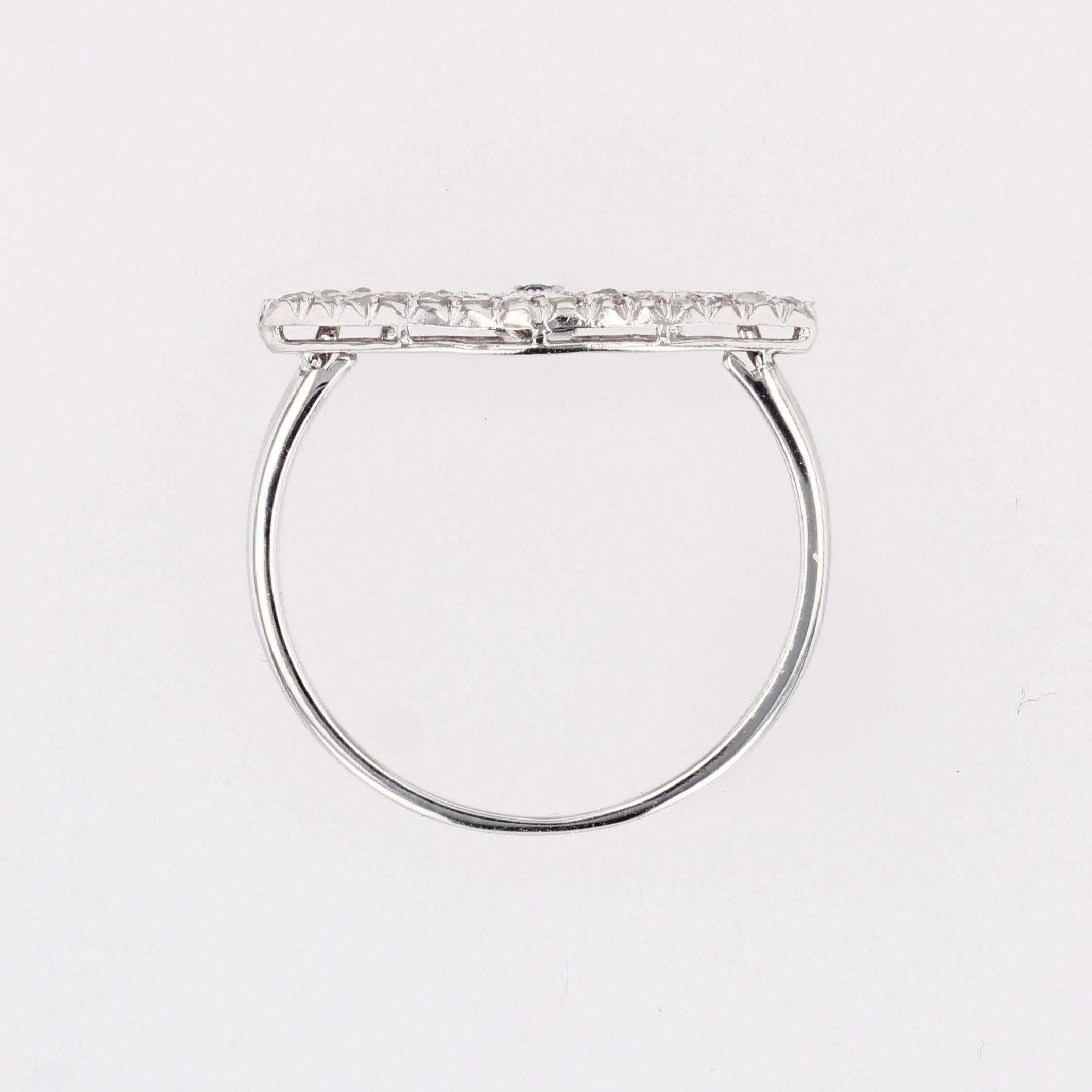 French 1930s Art Deco Blue Gems Diamonds 18 Karat White Gold Navette Ring For Sale 9