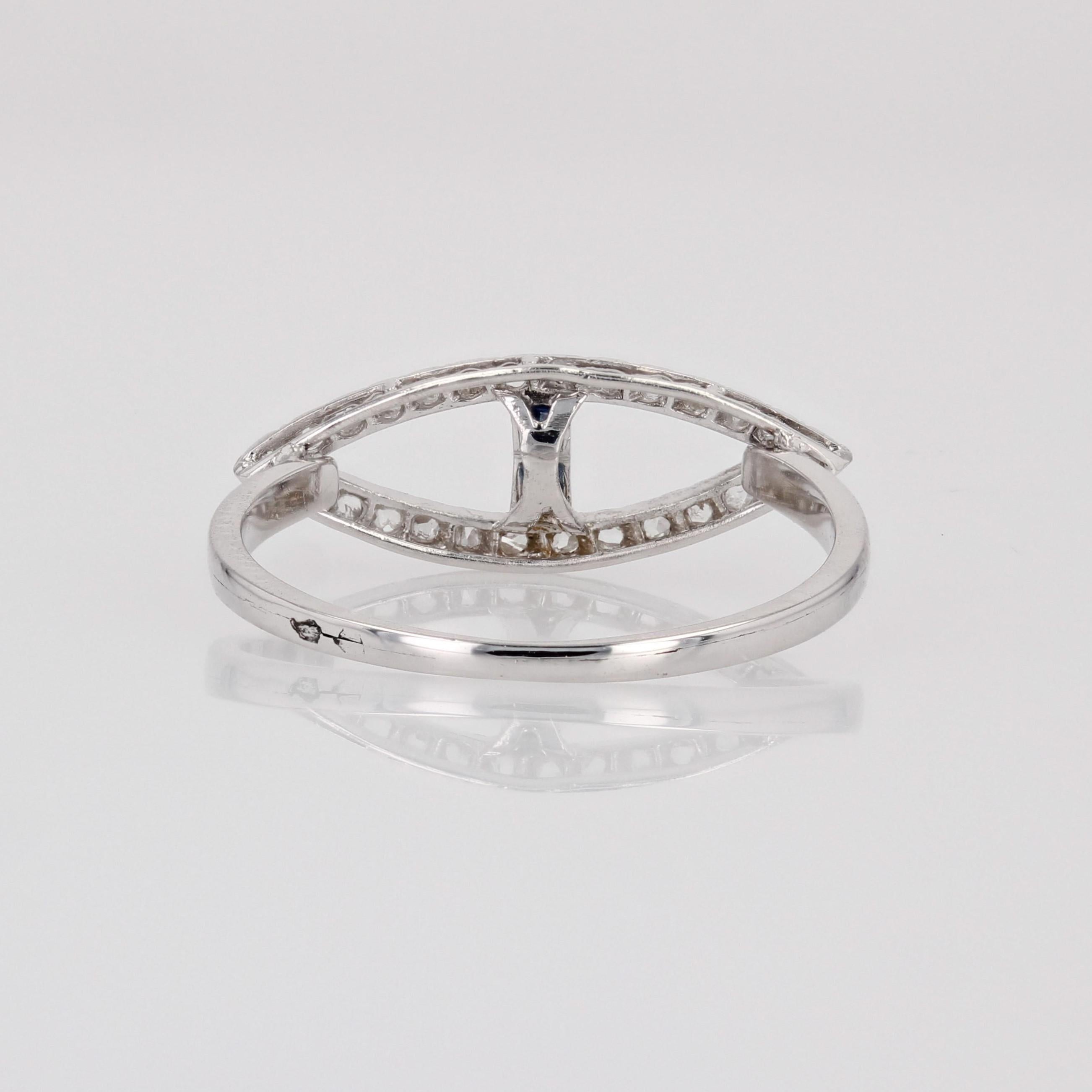 French 1930s Art Deco Blue Gems Diamonds 18 Karat White Gold Navette Ring For Sale 10
