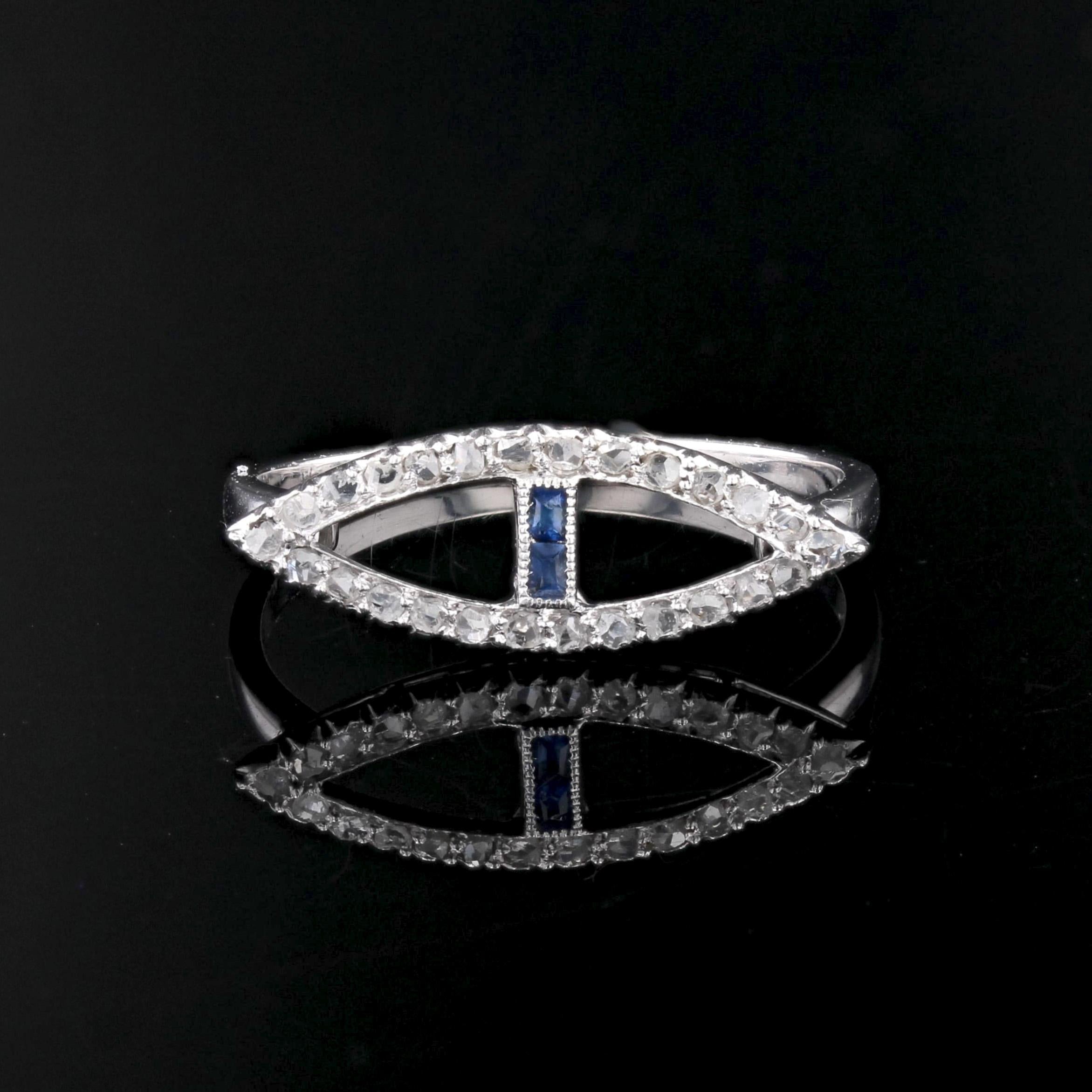 Rose Cut French 1930s Art Deco Blue Gems Diamonds 18 Karat White Gold Navette Ring For Sale