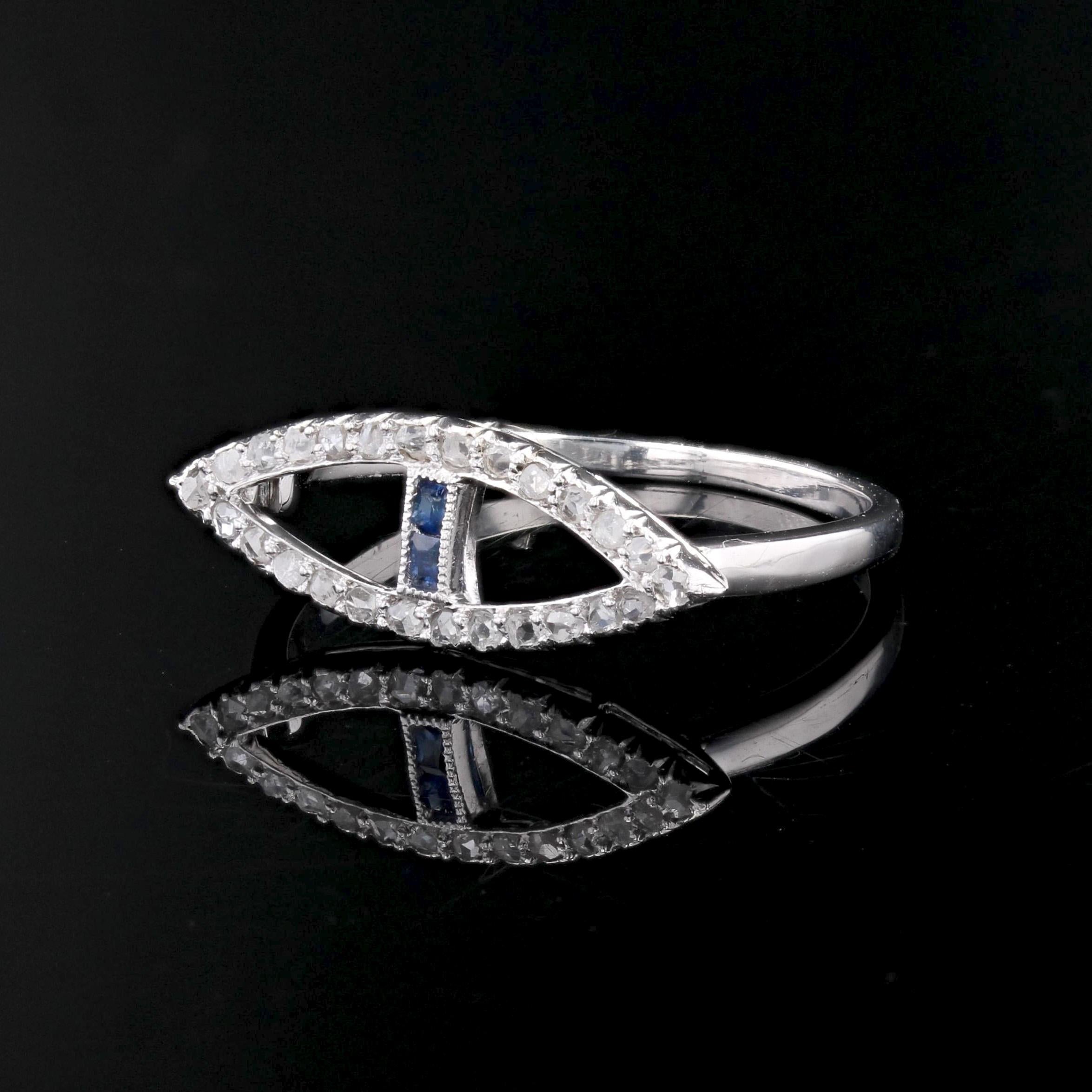 Women's French 1930s Art Deco Blue Gems Diamonds 18 Karat White Gold Navette Ring For Sale
