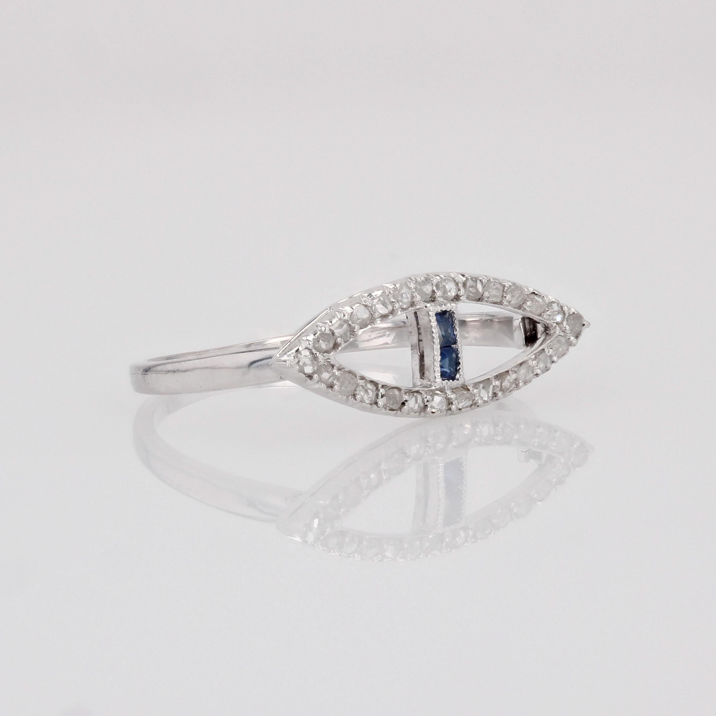 French 1930s Art Deco Blue Gems Diamonds 18 Karat White Gold Navette Ring For Sale 1