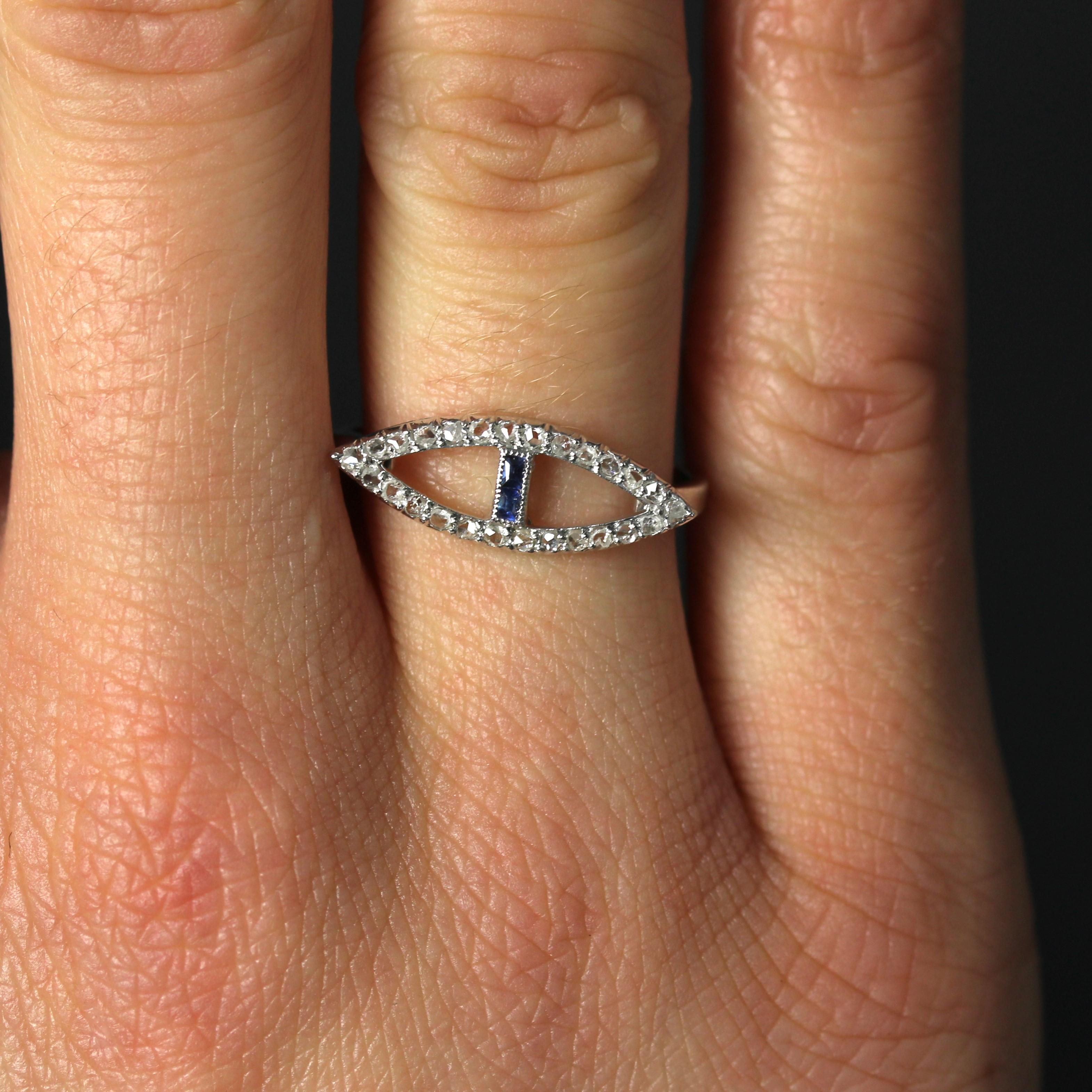 French 1930s Art Deco Blue Gems Diamonds 18 Karat White Gold Navette Ring For Sale 2