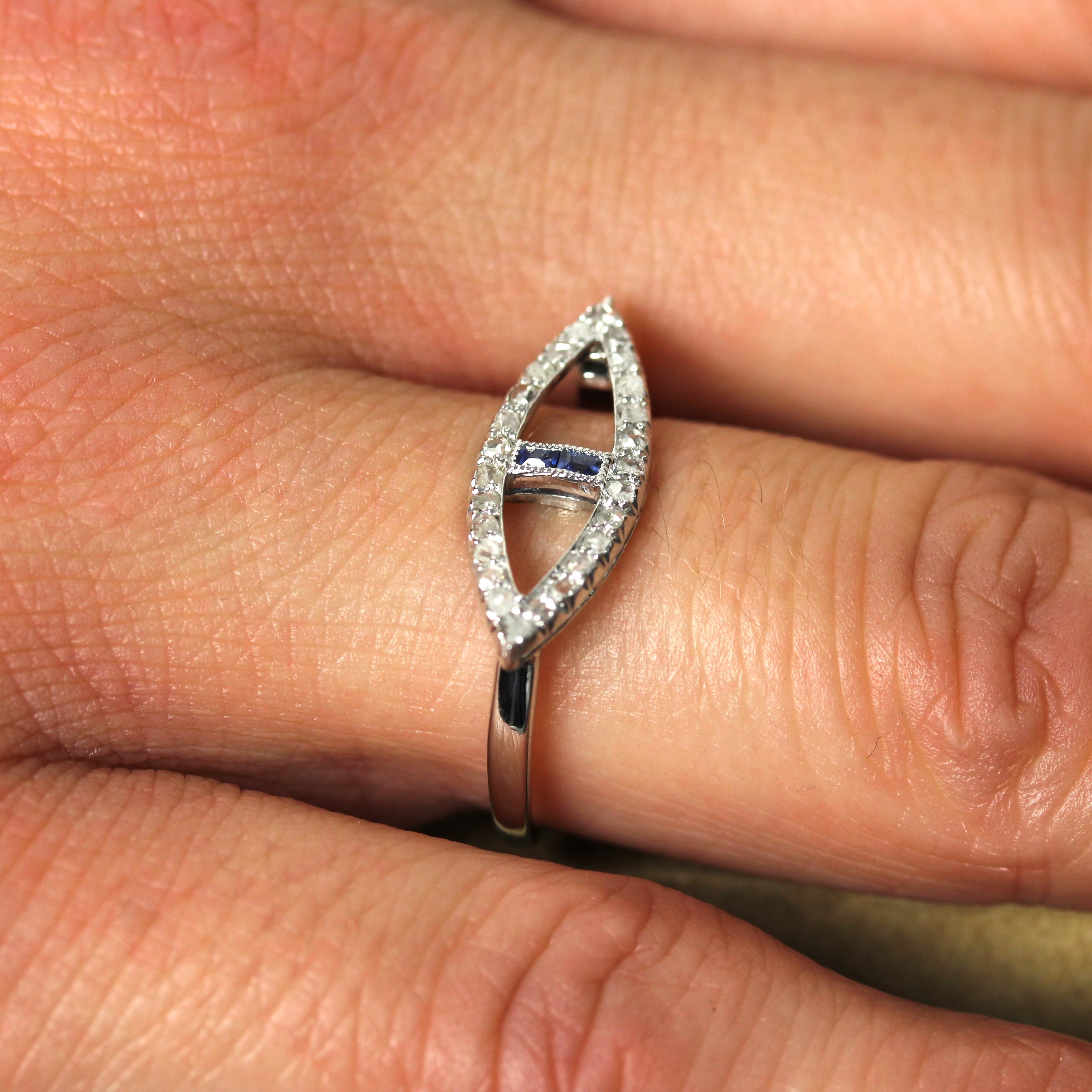 French 1930s Art Deco Blue Gems Diamonds 18 Karat White Gold Navette Ring For Sale 3