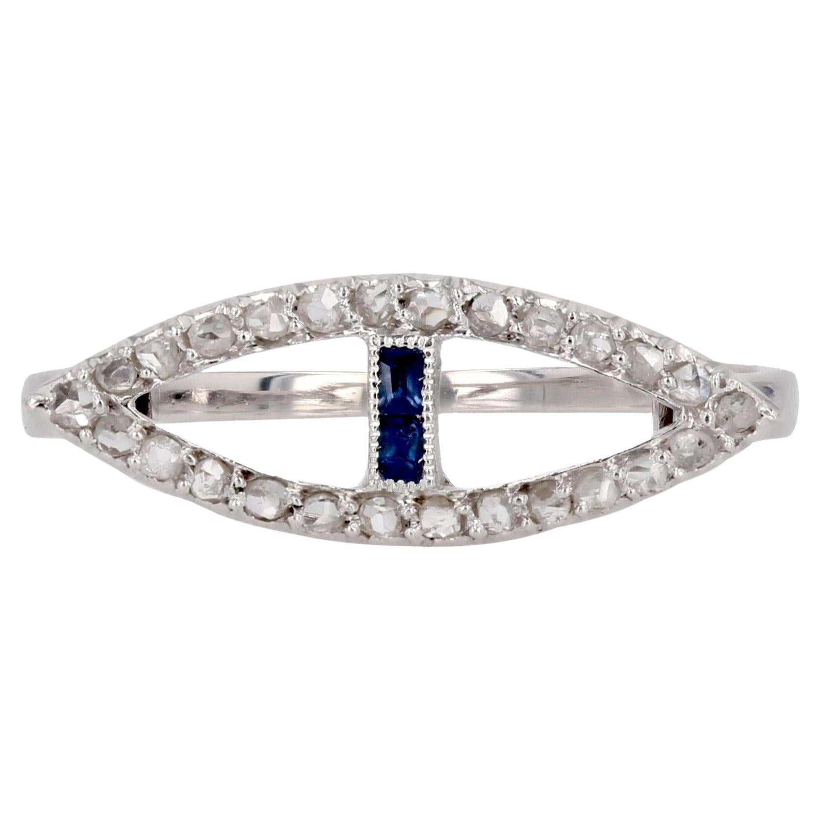 French 1930s Art Deco Blue Gems Diamonds 18 Karat White Gold Navette Ring