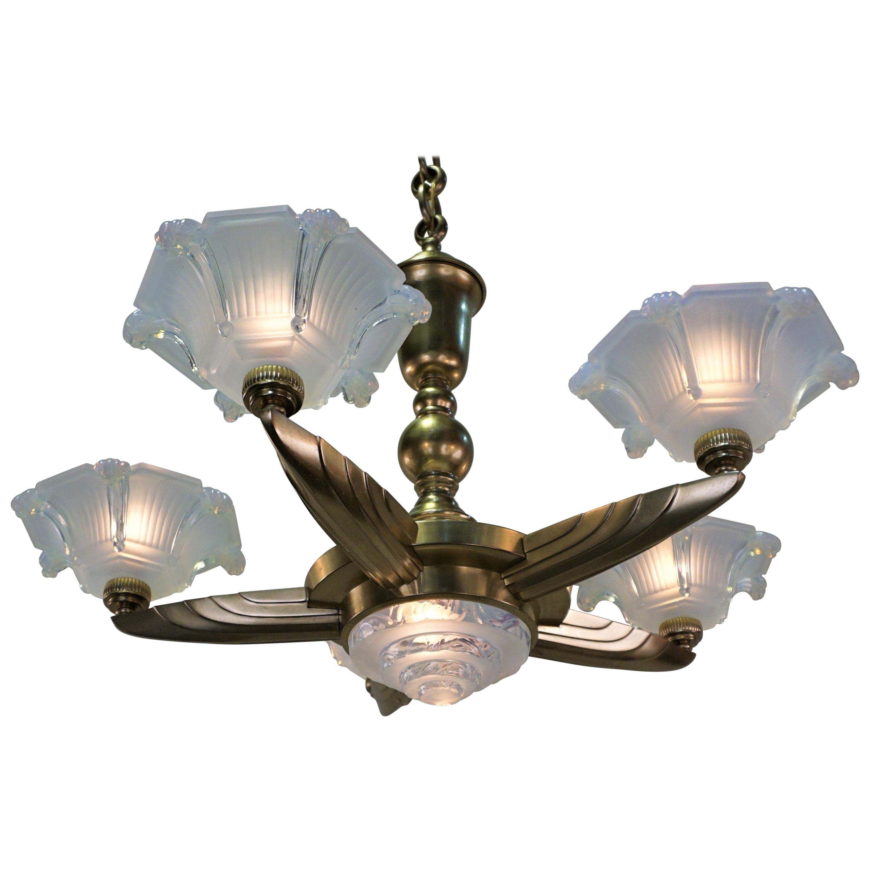 French 1930s Art Deco Bronze and Glass Chandelier by Ezan & Petitot