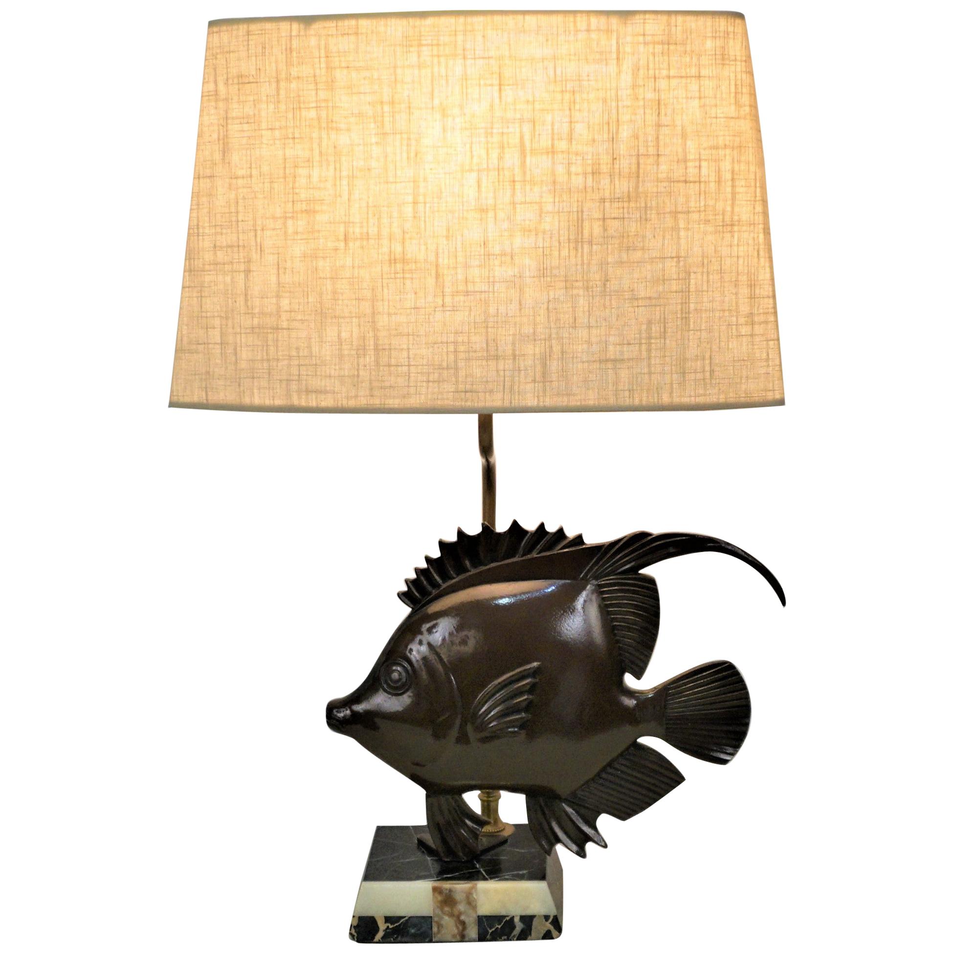 French 1930s Art Deco Bronze Fish Table Lamp