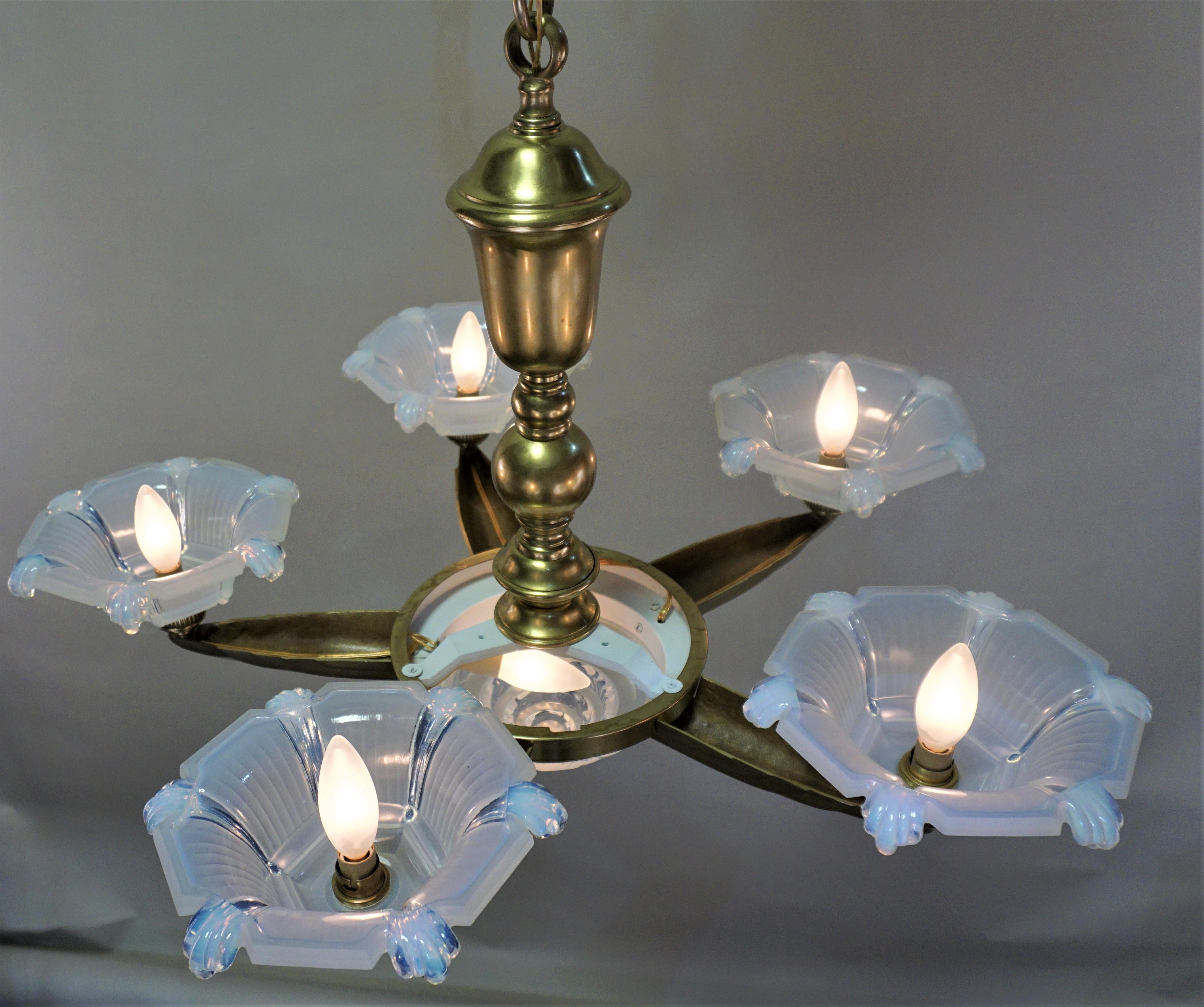 French 1930s Art Deco Bronze and Glass Chandelier by Ezan & Petitot 1