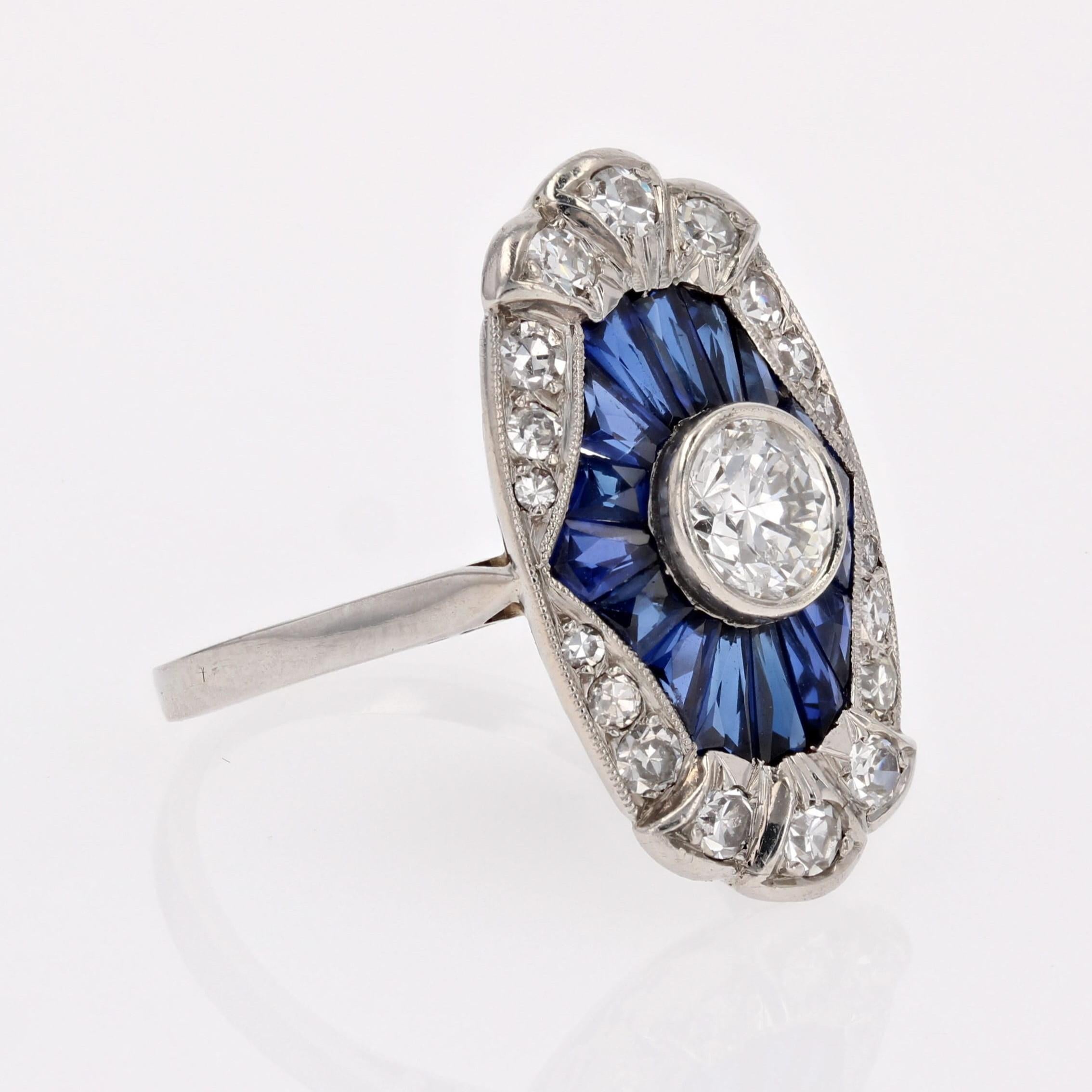 French 1930s Art Deco Calibrated Sapphires Diamonds Platinum Ring For Sale 6