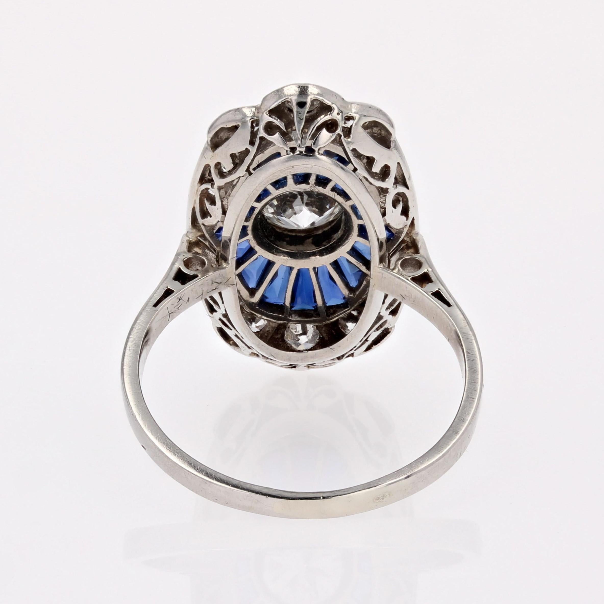 French 1930s Art Deco Calibrated Sapphires Diamonds Platinum Ring For Sale 12