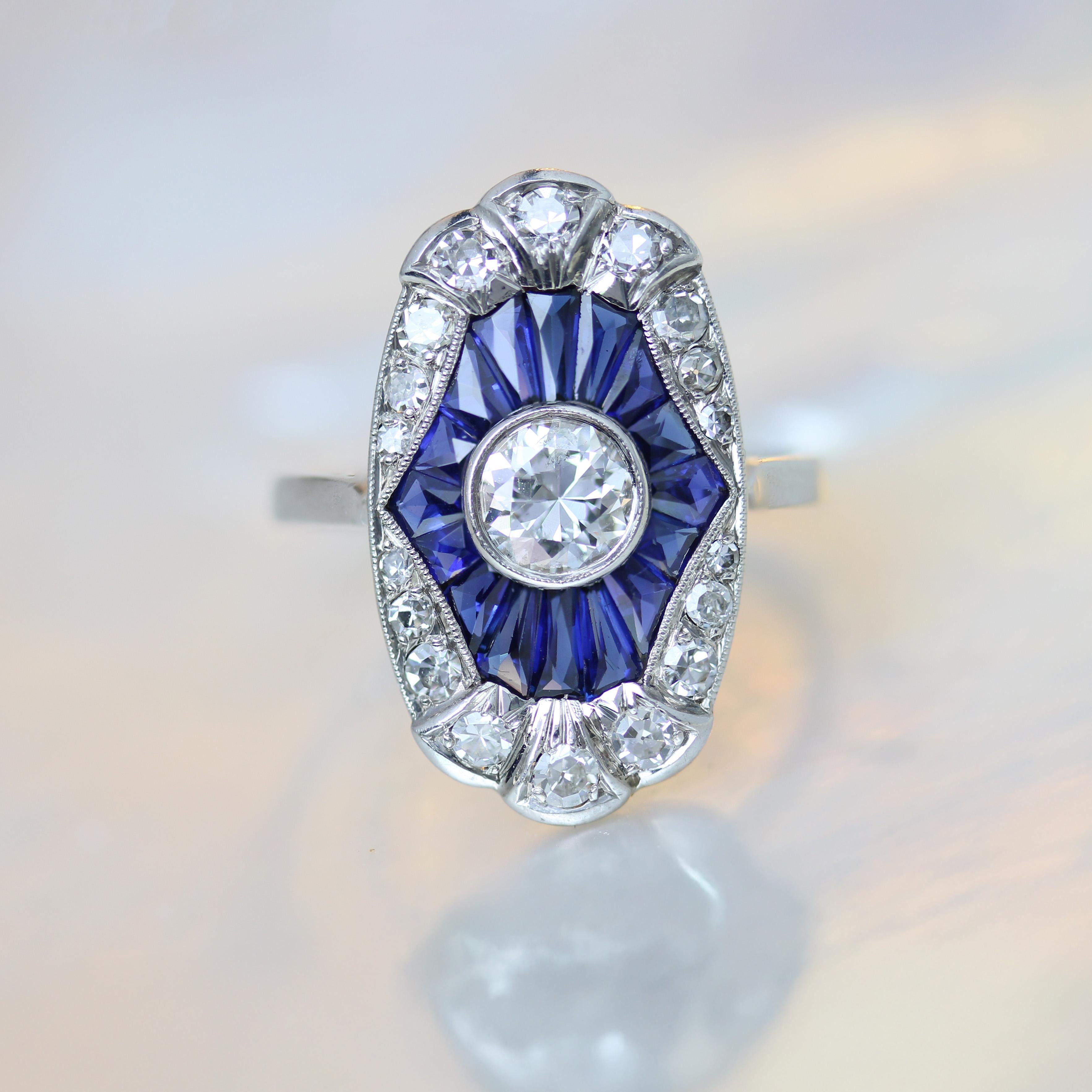 Brilliant Cut French 1930s Art Deco Calibrated Sapphires Diamonds Platinum Ring For Sale