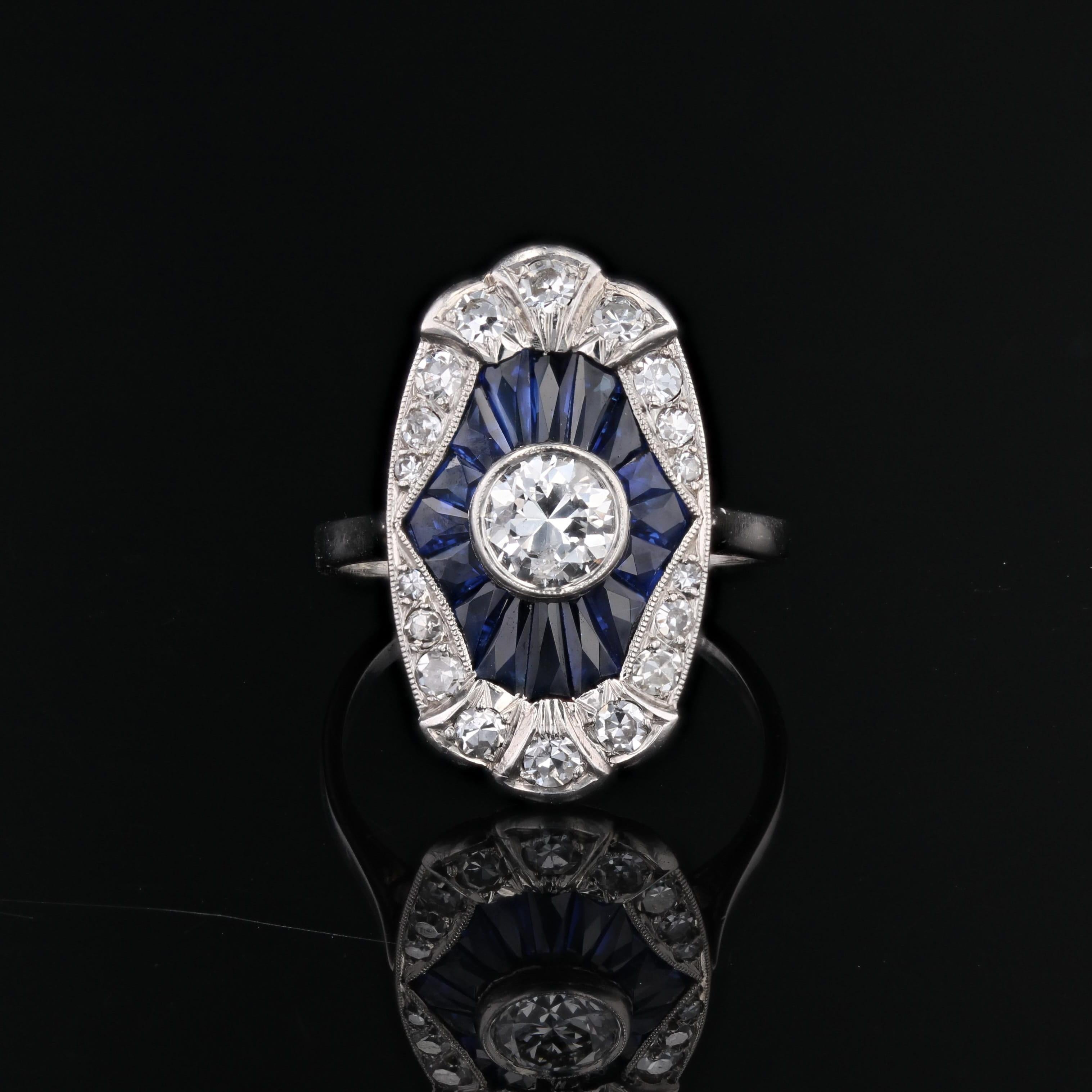 Women's French 1930s Art Deco Calibrated Sapphires Diamonds Platinum Ring For Sale