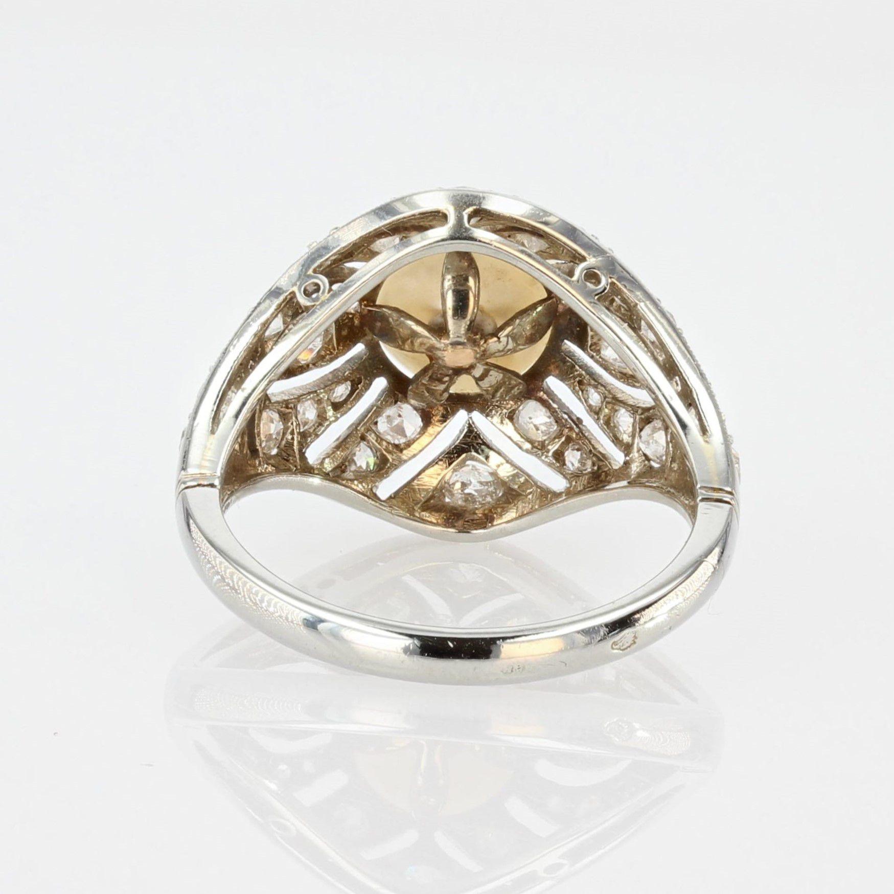 French 1930s Art Deco Certified Natural Pearl Diamonds 18 Karat White Gold Ring For Sale 6