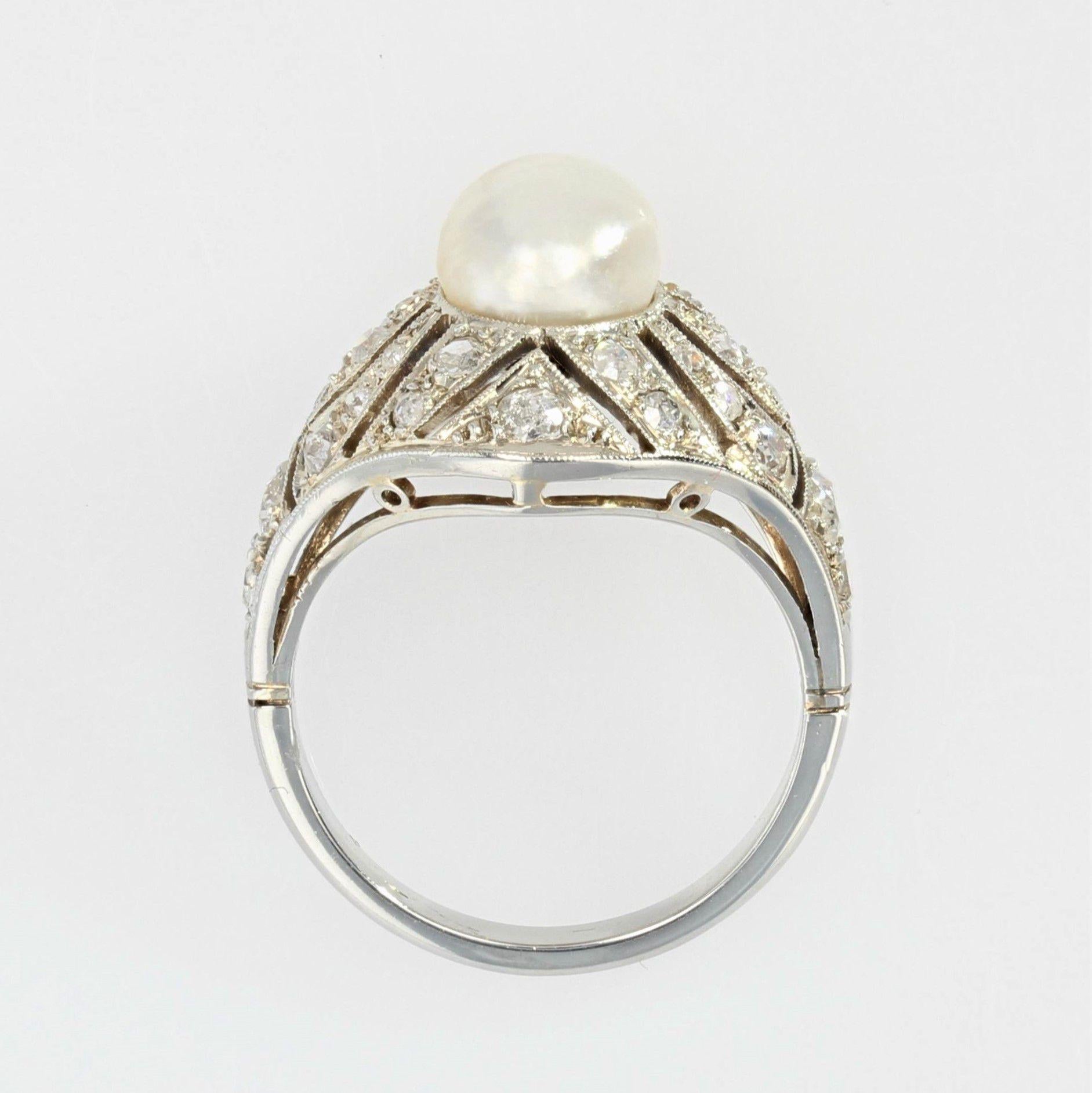 French 1930s Art Deco Certified Natural Pearl Diamonds 18 Karat White Gold Ring For Sale 7