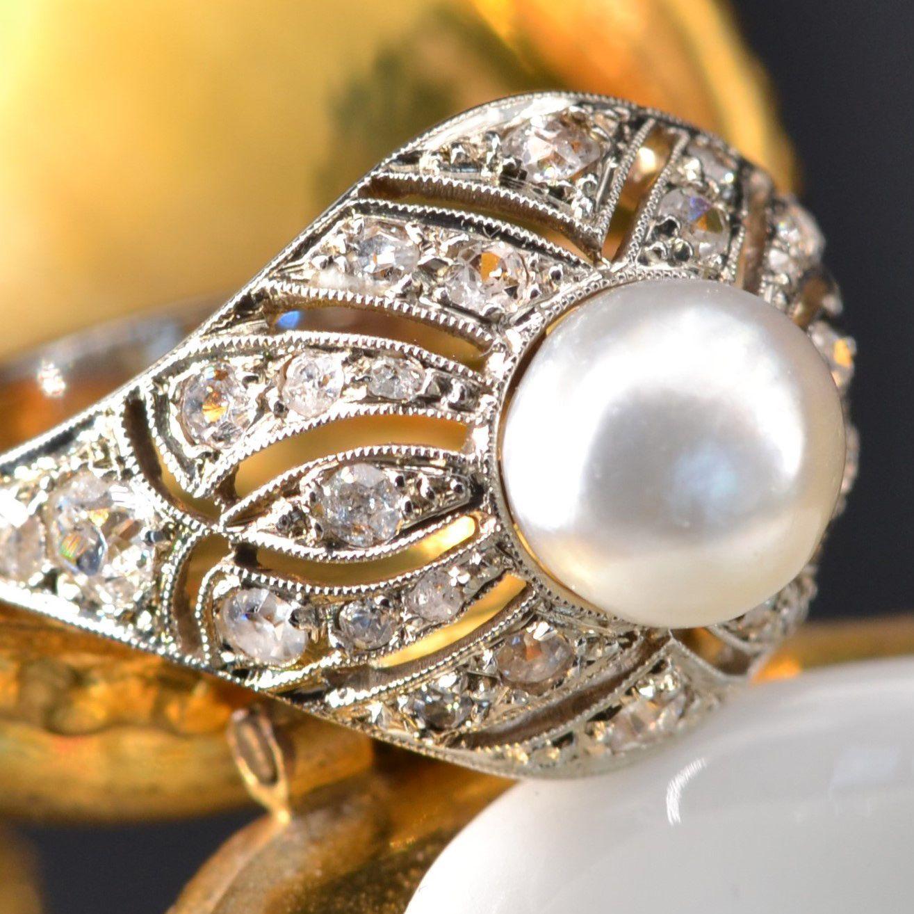 Bead French 1930s Art Deco Certified Natural Pearl Diamonds 18 Karat White Gold Ring For Sale