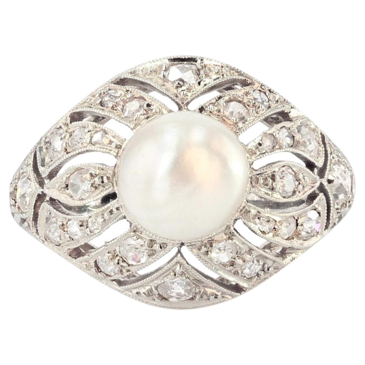 Franzsischer Art-Dco-Ring aus 18 Karat Weigold mit zertifizierten Naturperlen und Diamanten, 1930er Jahre