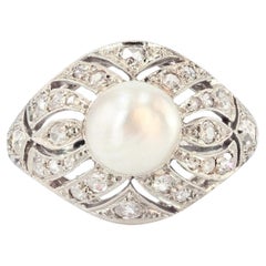 Vintage French 1930s Art Deco Certified Natural Pearl Diamonds 18 Karat White Gold Ring