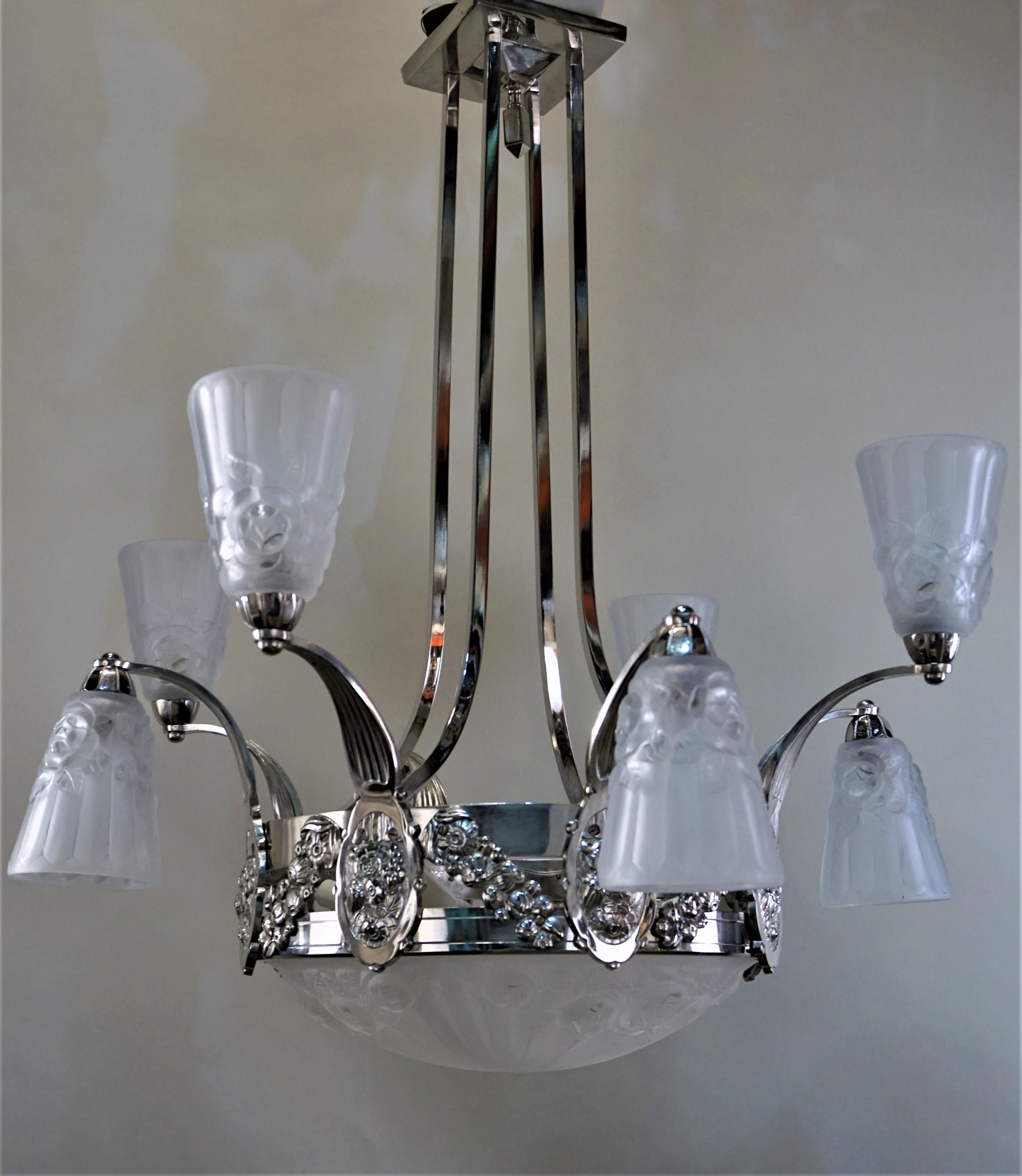 French 1930s Art Deco Chandelier by Degue 7