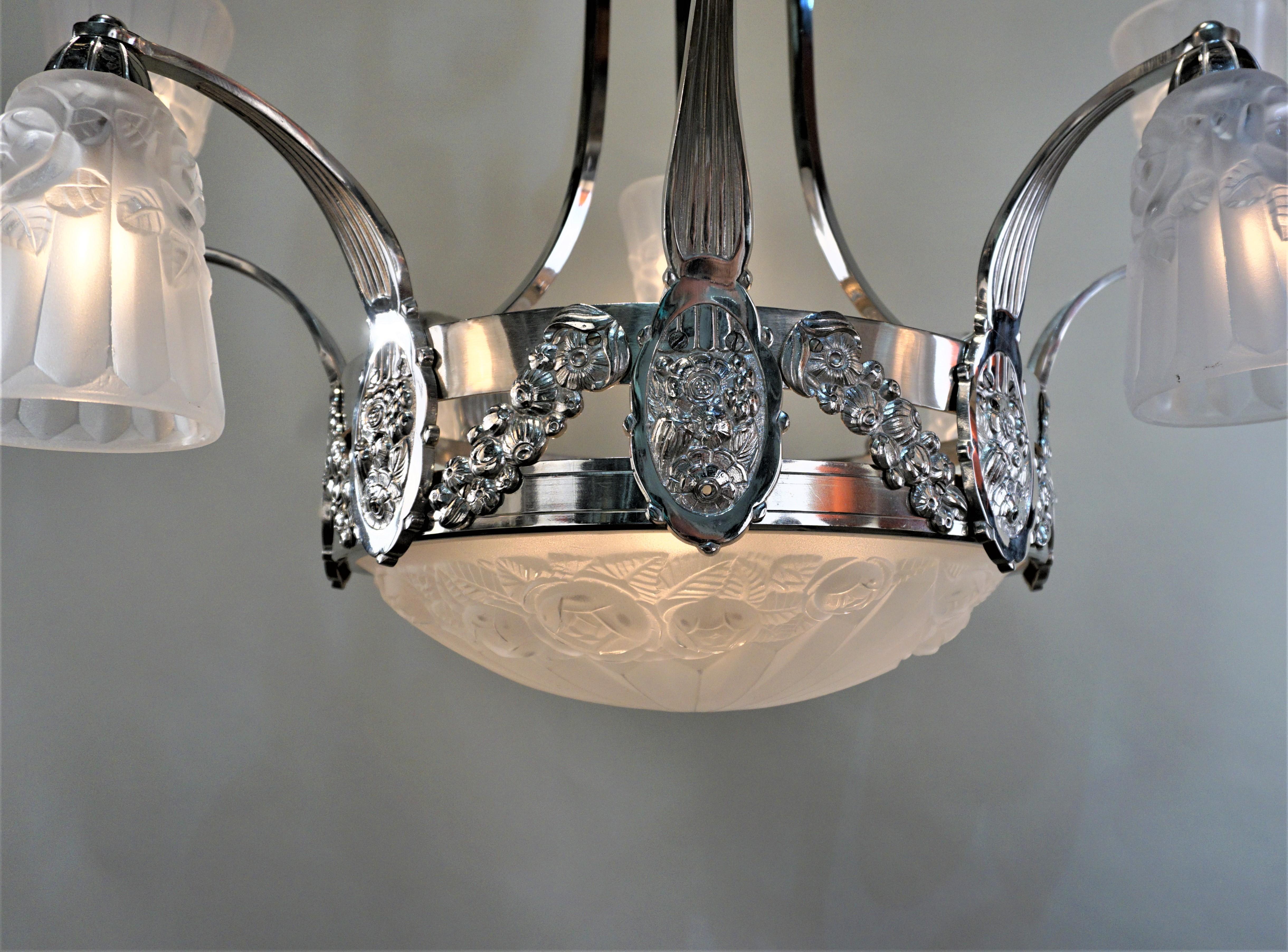 Glass French 1930s Art Deco Chandelier by Degue