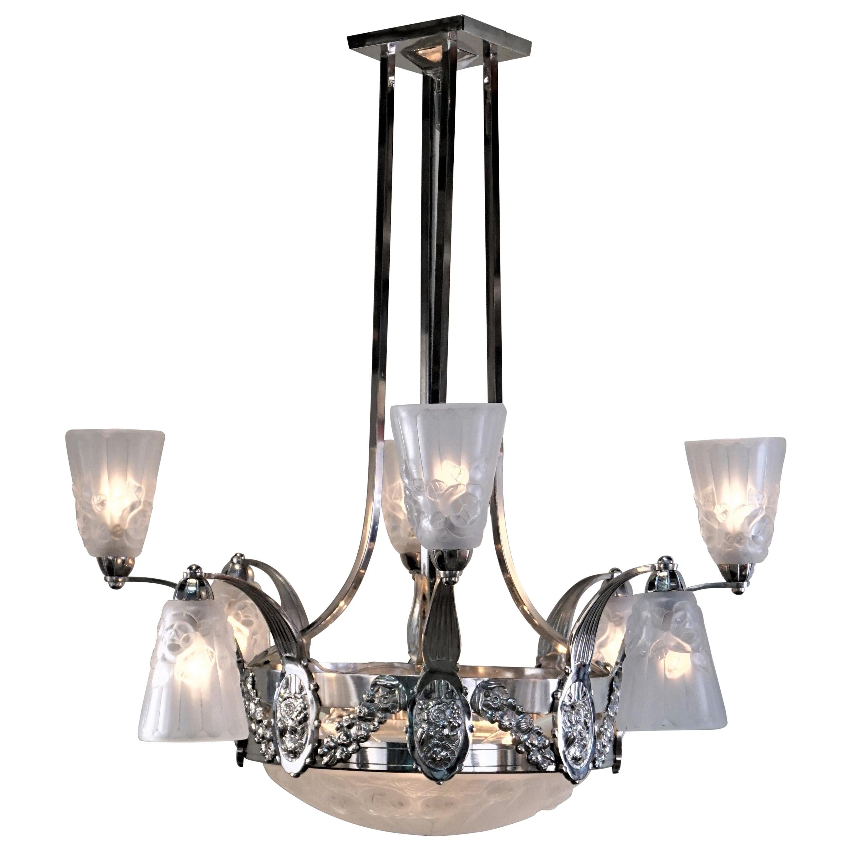 French 1930s Art Deco Chandelier by Degue