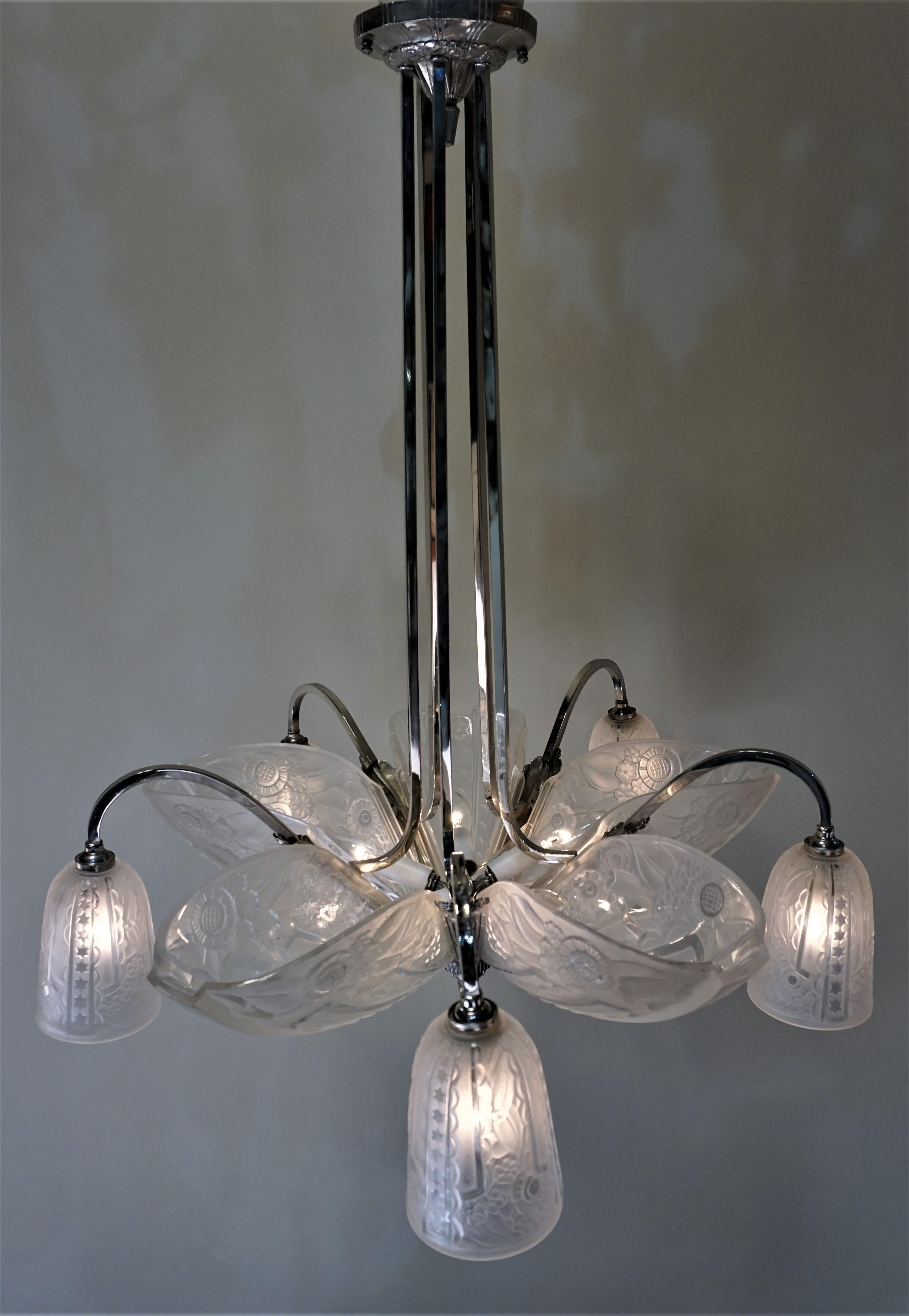 Glass French 1930s Art Deco Chandelier by Donna Paris