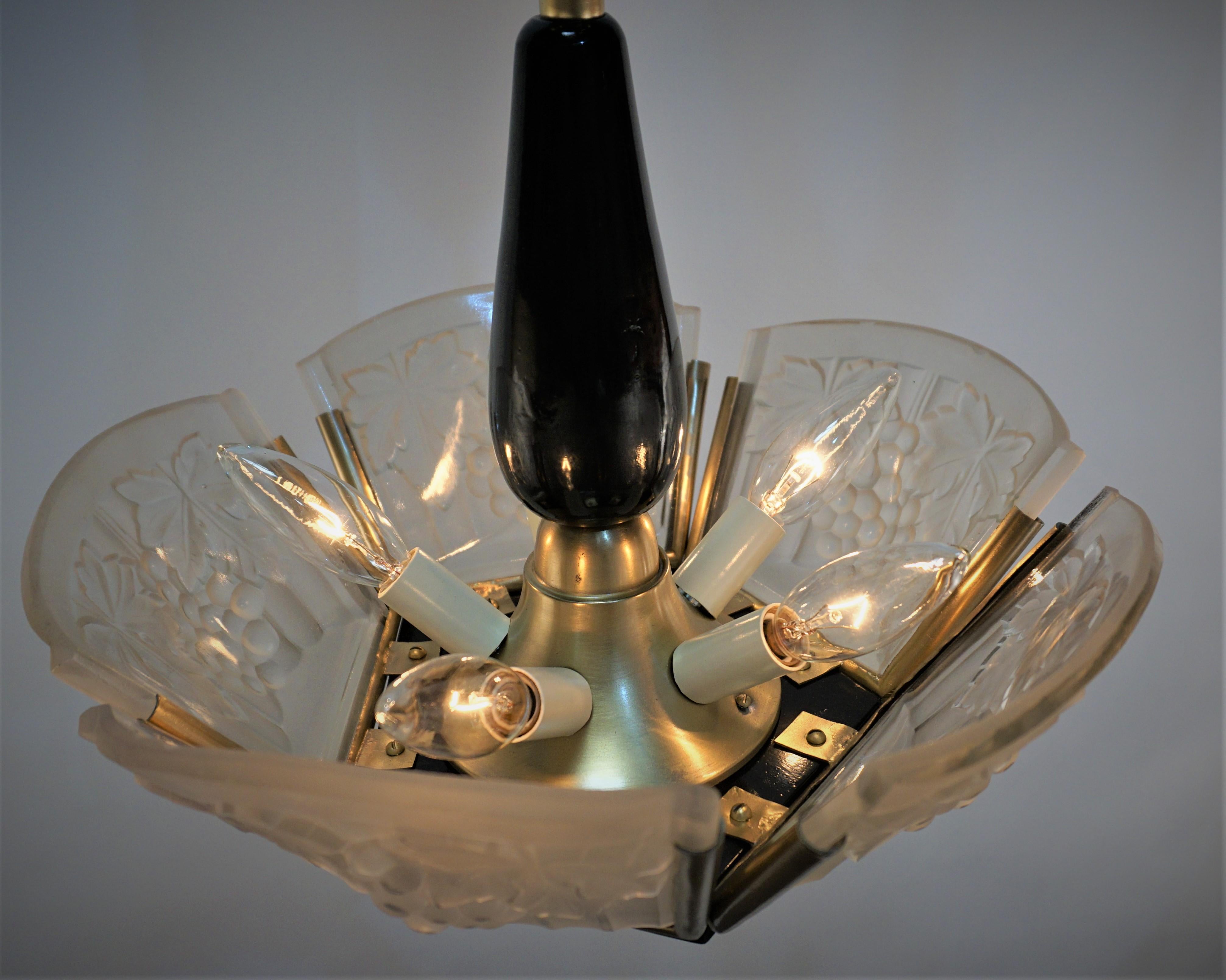 Bronze French 1930's Art Deco Chandelier by Jean Noverdy For Sale