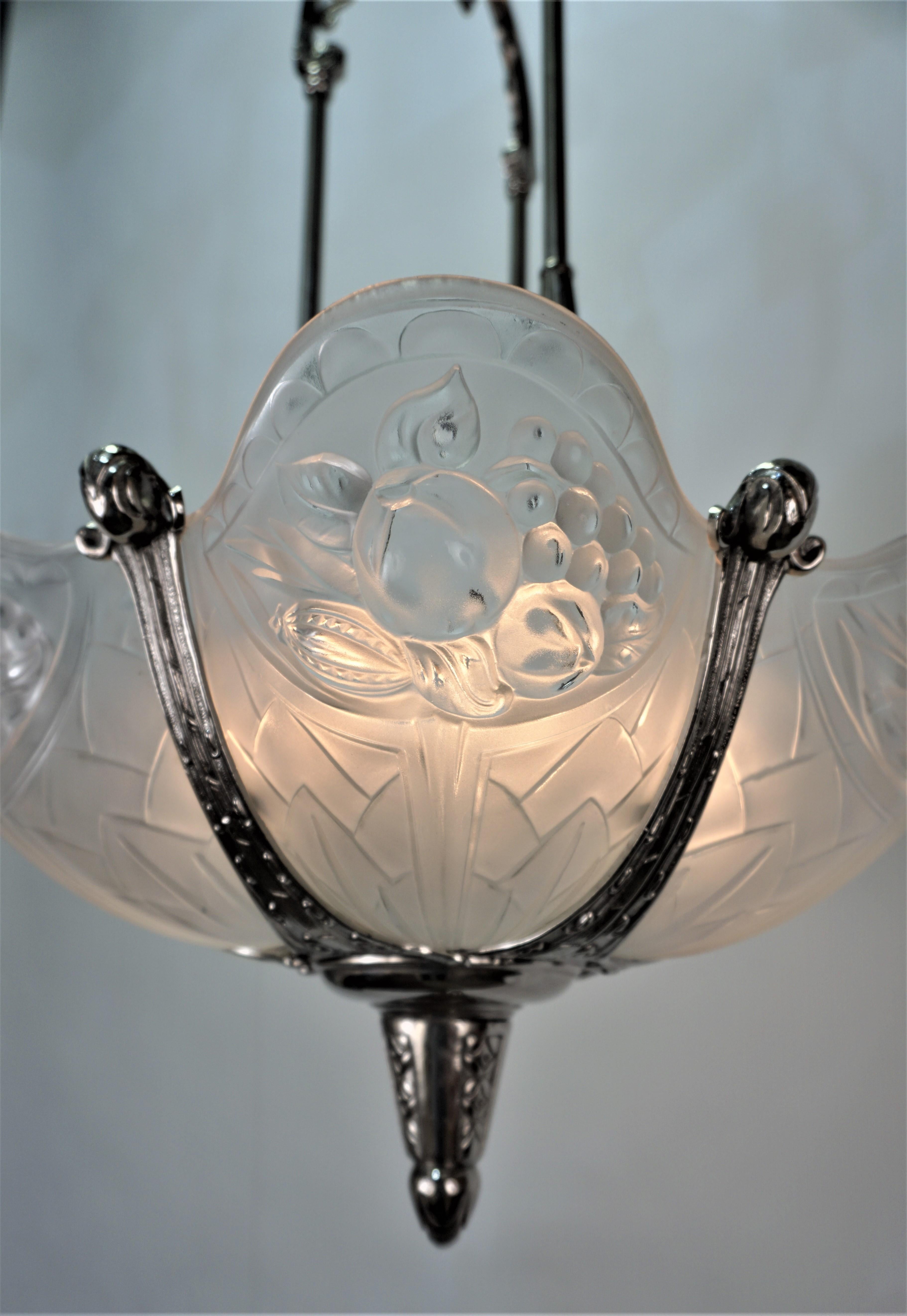 Glass French 1930's Art Deco Chandelier by P. Gilles For Sale