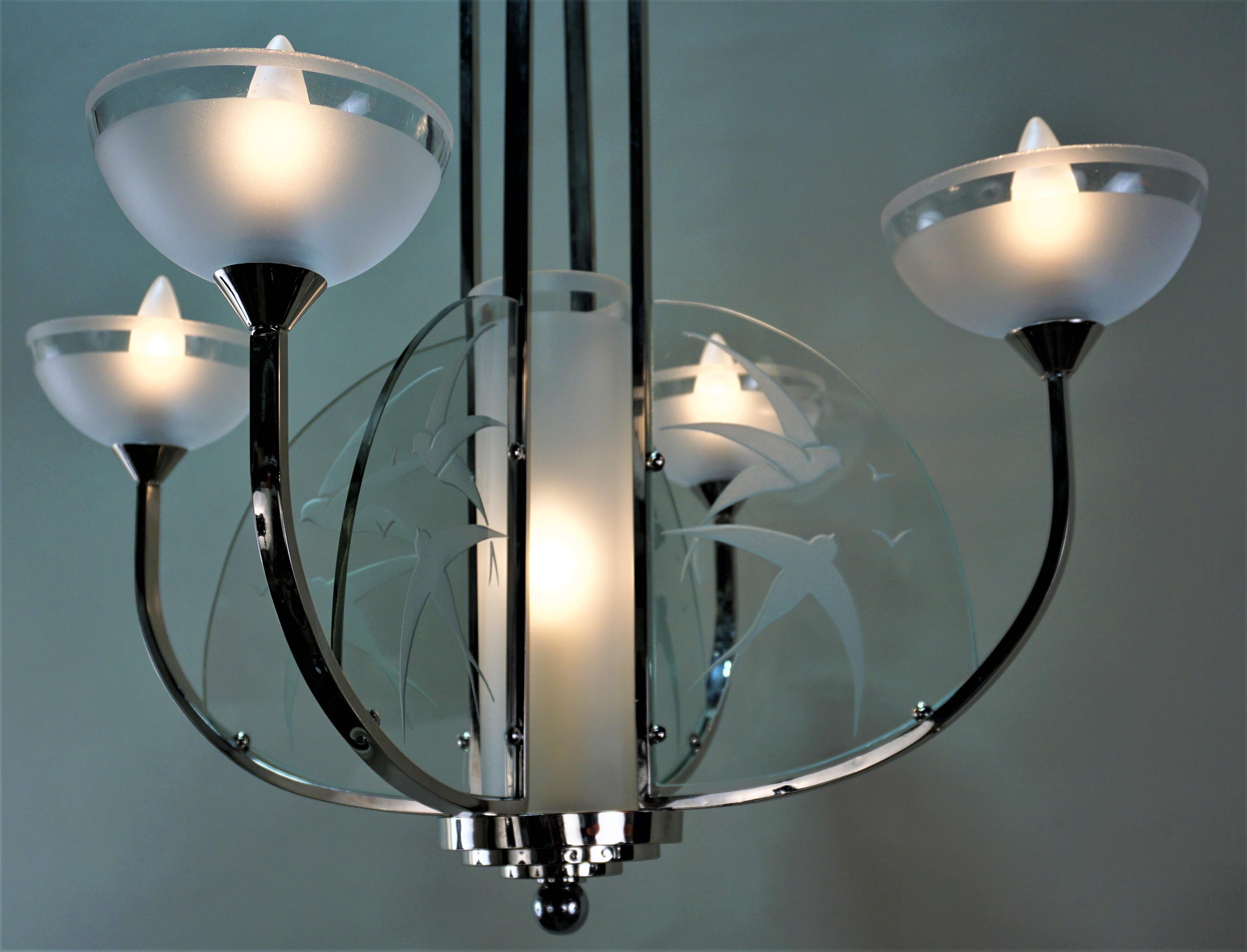 French 1930s etched glass five-light chandelier.