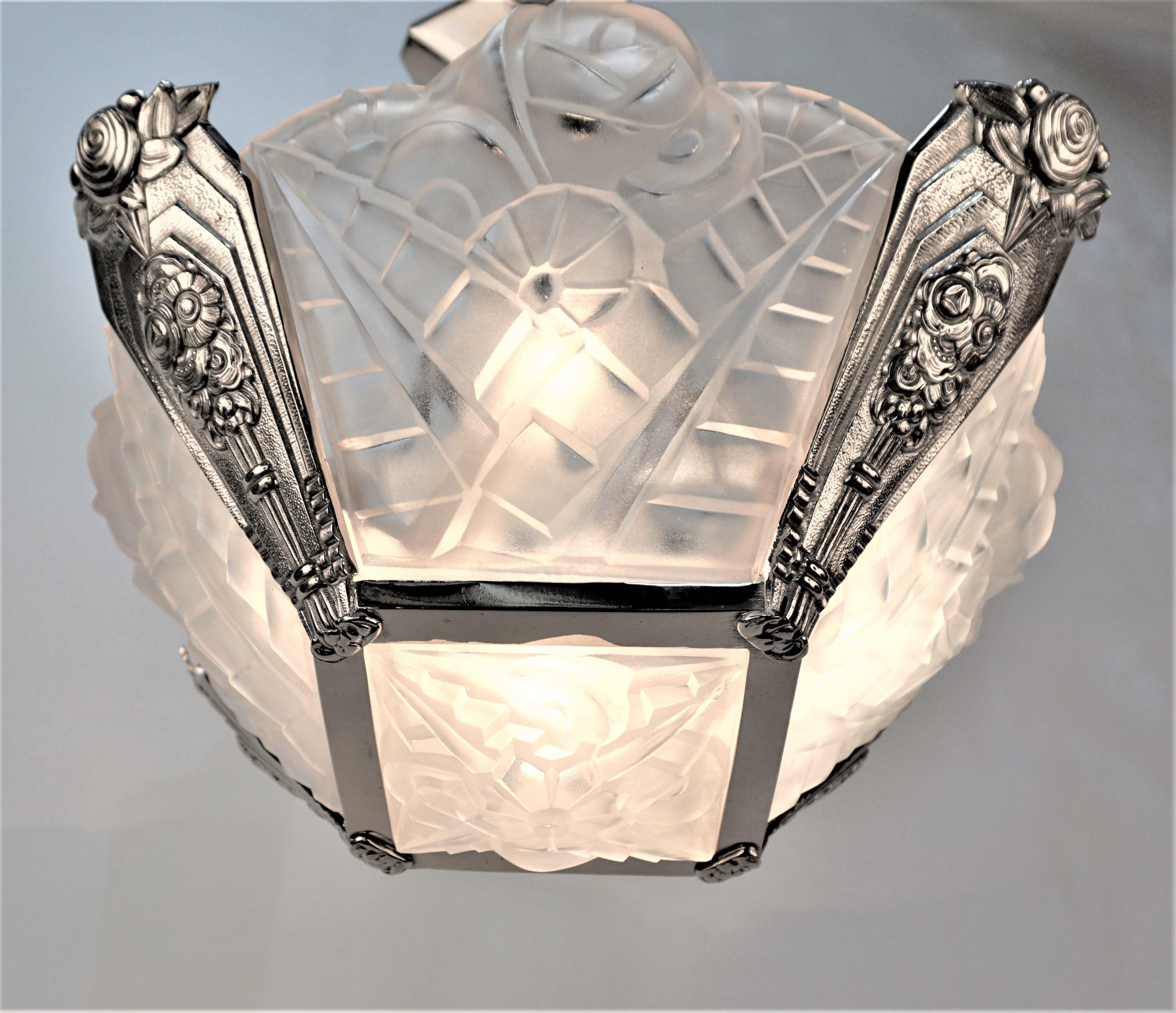 Glass French 1930's Art Deco Chandelier Signed by Degue For Sale