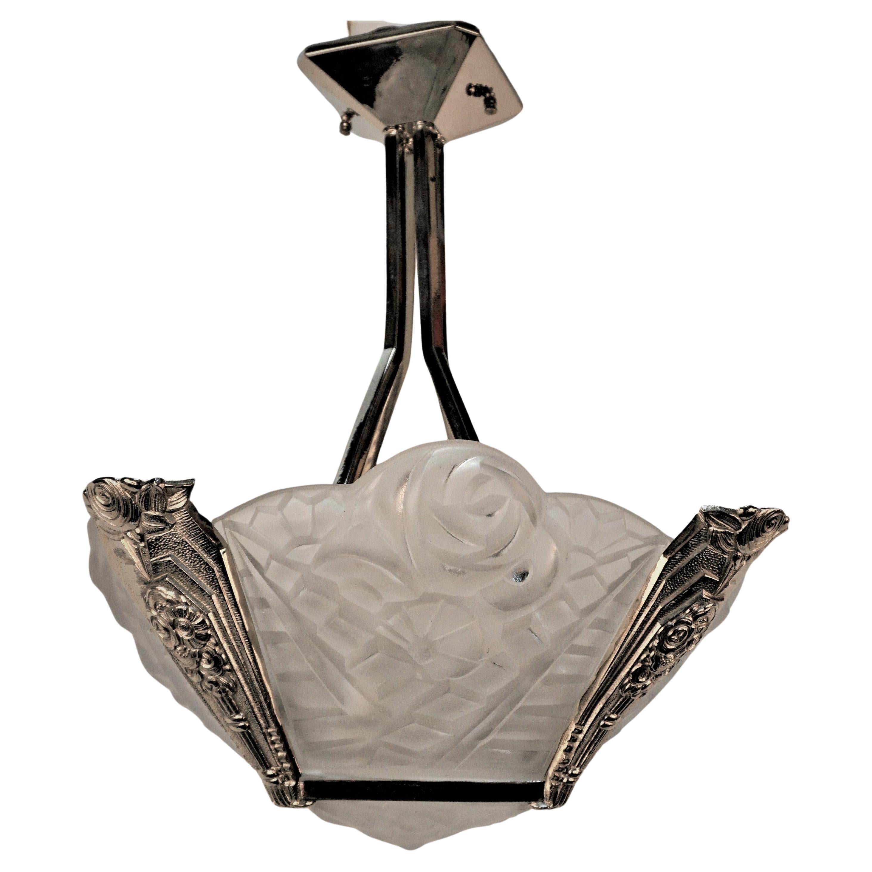 French 1930's Art Deco Chandelier Signed by Degue For Sale