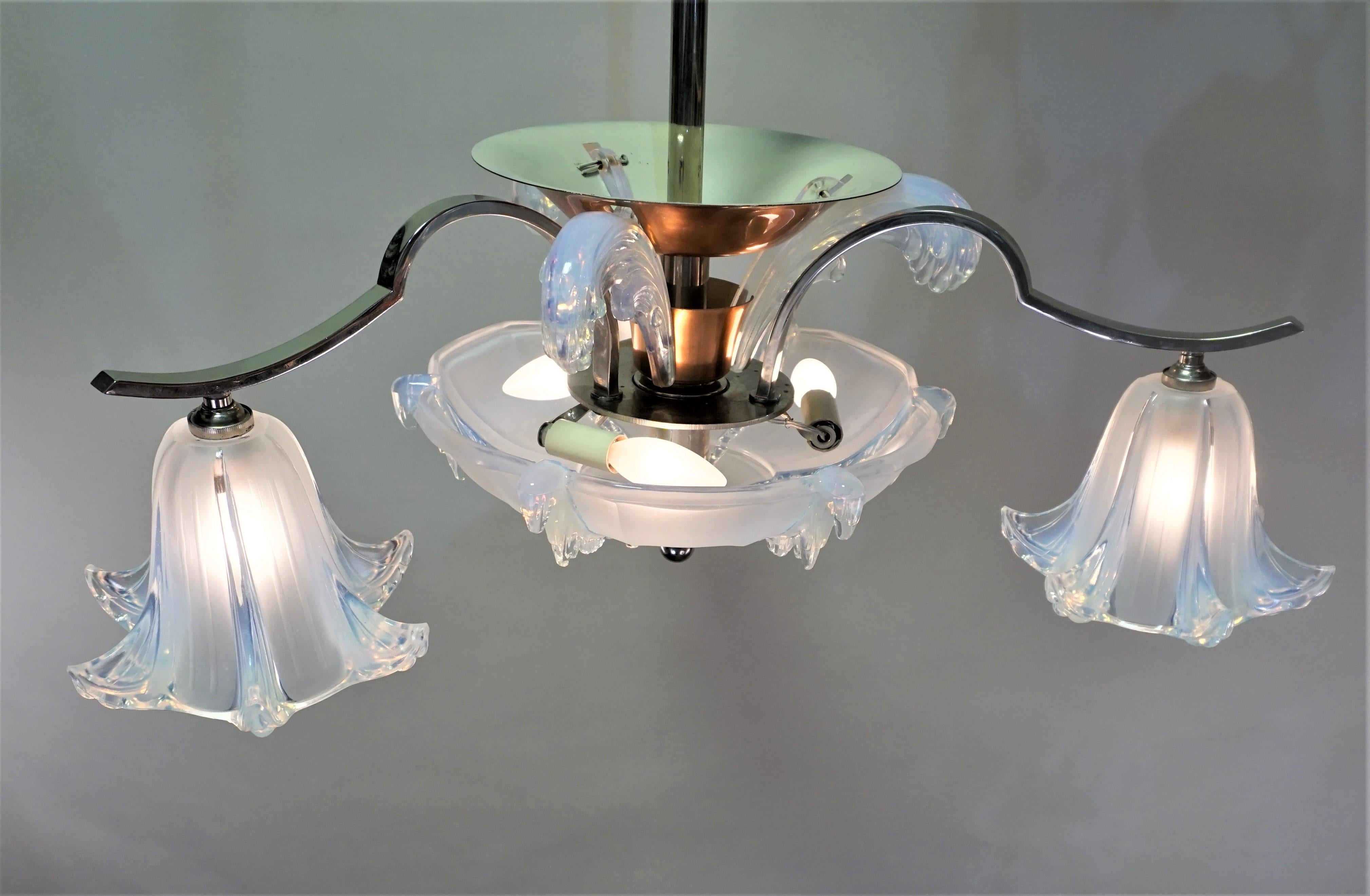 Copper French 1930s Art Deco Chandelier with Opaline Glass Shades by Ezan