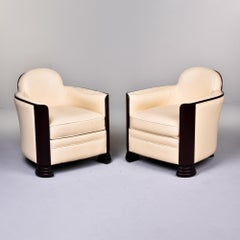 French 1930s Art Deco Club Chairs in Cream Leather with Hardwood Frames - Pair