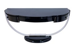 French 1930s Art Deco Console Table in Black Lacquer and Chromed Metal Brace